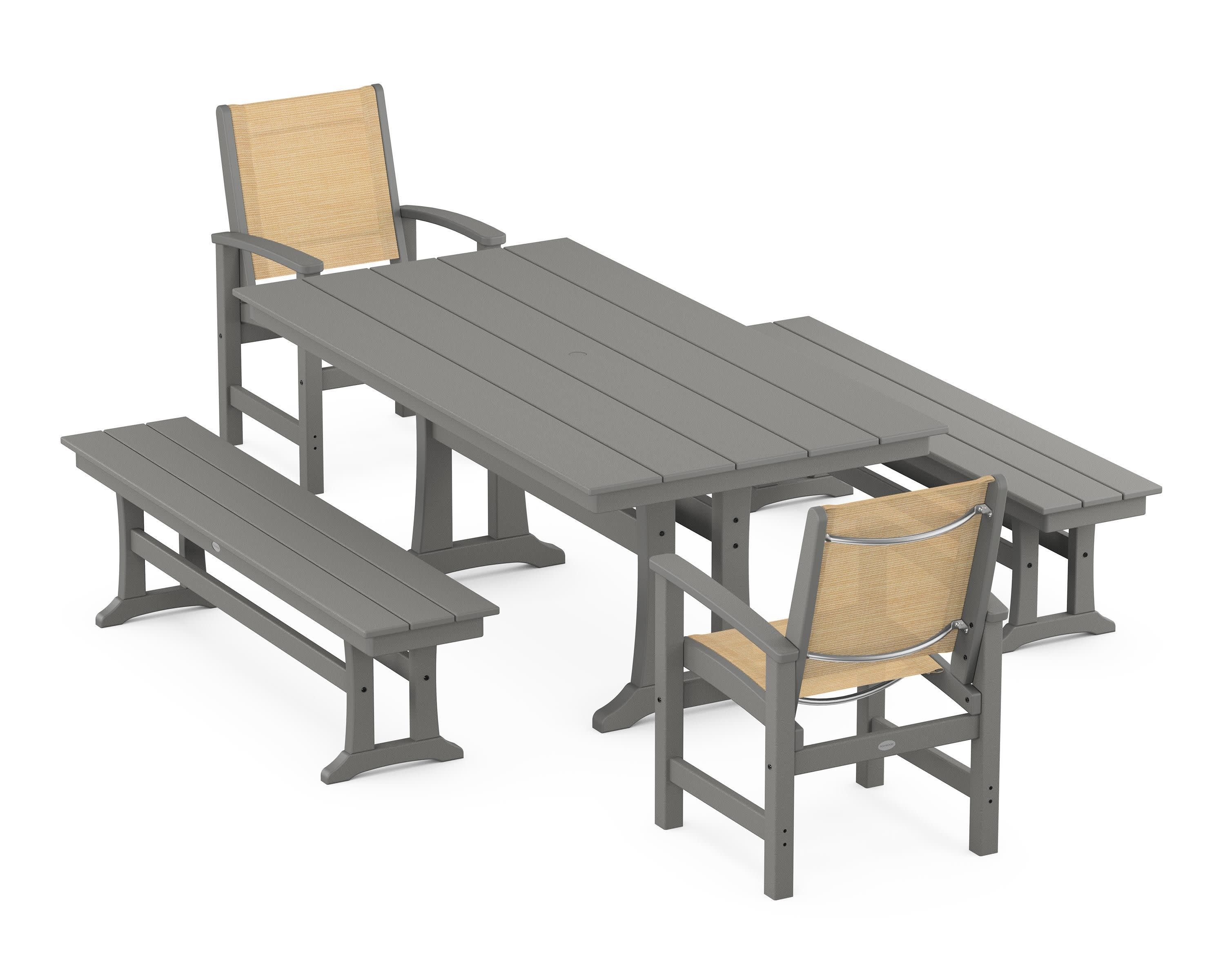 Coastal 5-Piece Farmhouse Dining Set with Trestle Legs and Benches in Slate Grey / Dupioni Apricot Sling