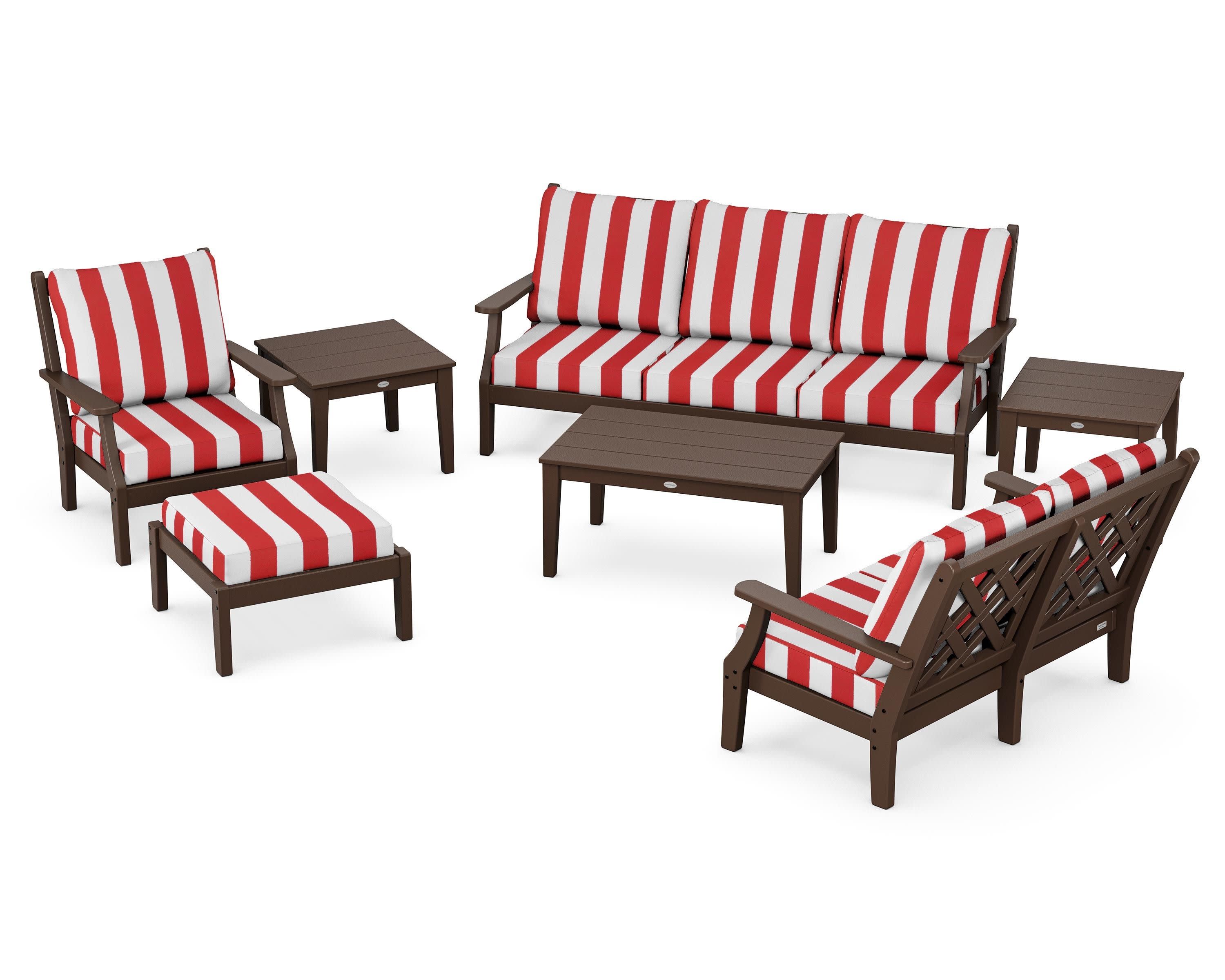 Wovendale 7-Piece Deep Seating Set in Mahogany / Cabana Stripe Crimson