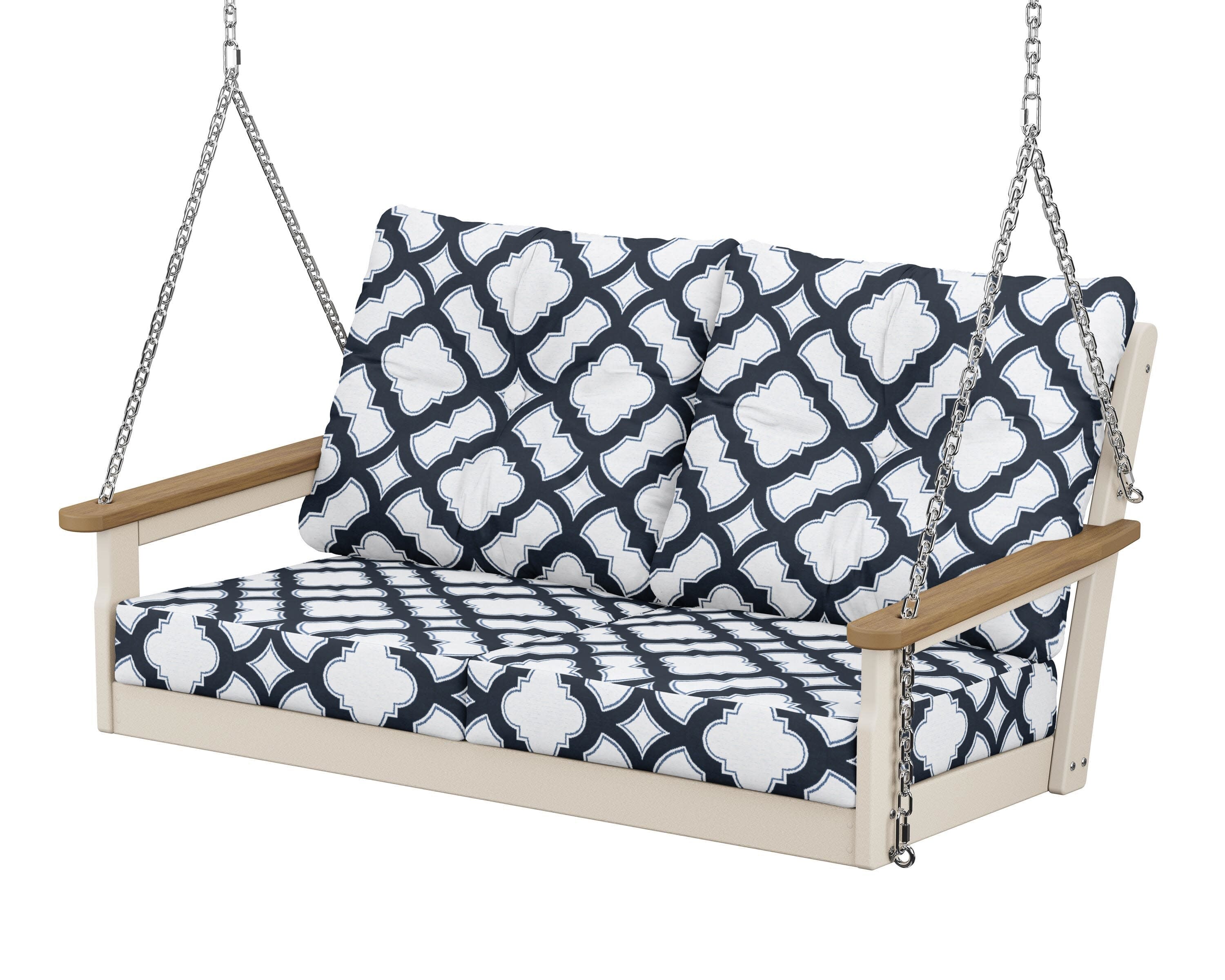 Vineyard Deep Seating Swing in Sand / Natural / Trellis Marine Indigo