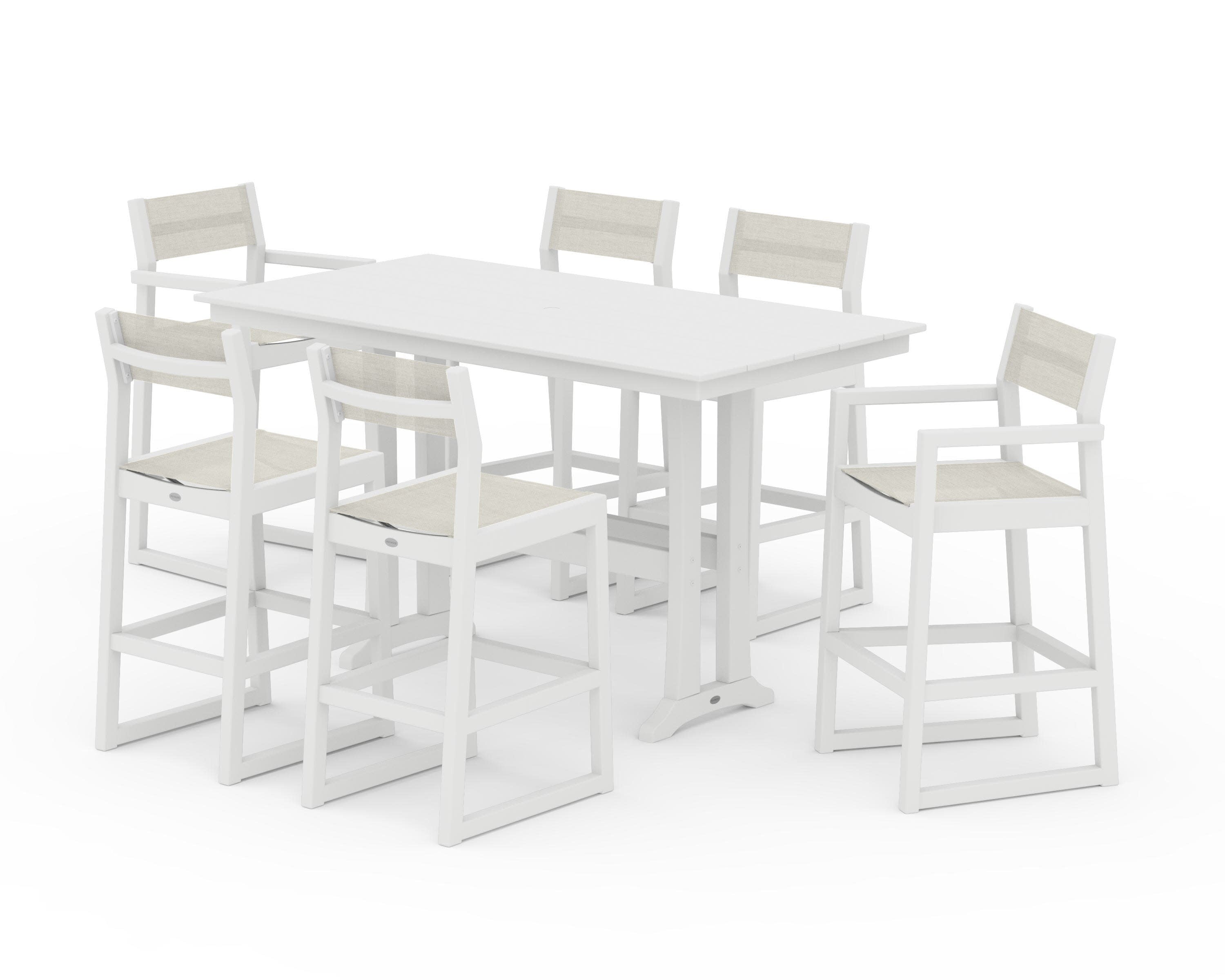 EDGE Sling 7-Piece Farmhouse Bar Set with Trestle Legs in White / Parchment Sling