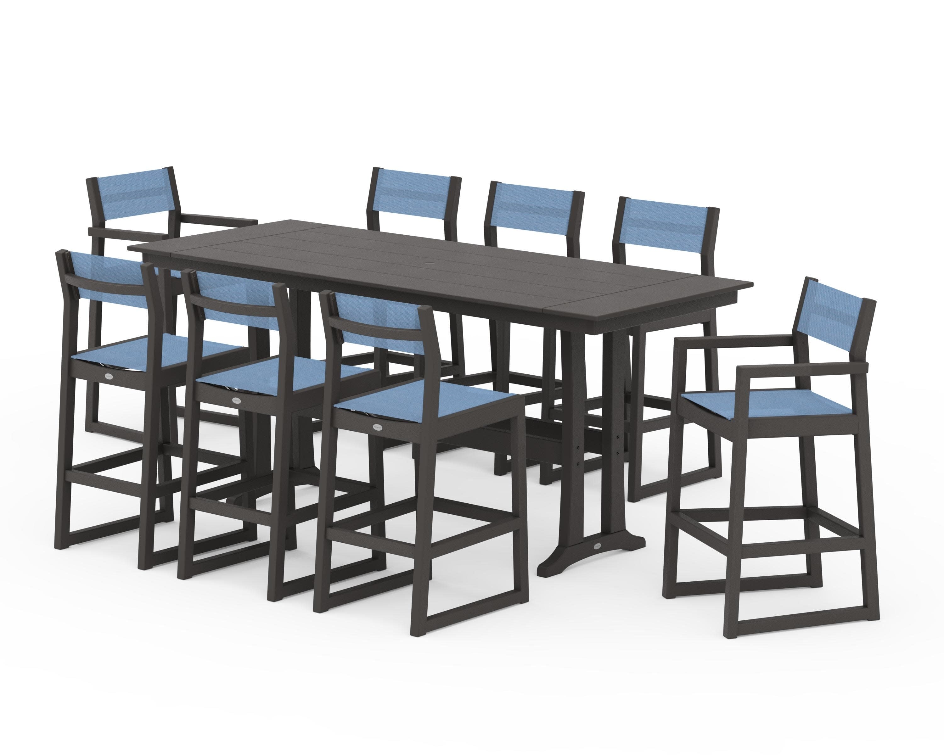 EDGE Sling 9-Piece Farmhouse Bar Set with Trestle Legs in Vintage Coffee / Poolside Sling