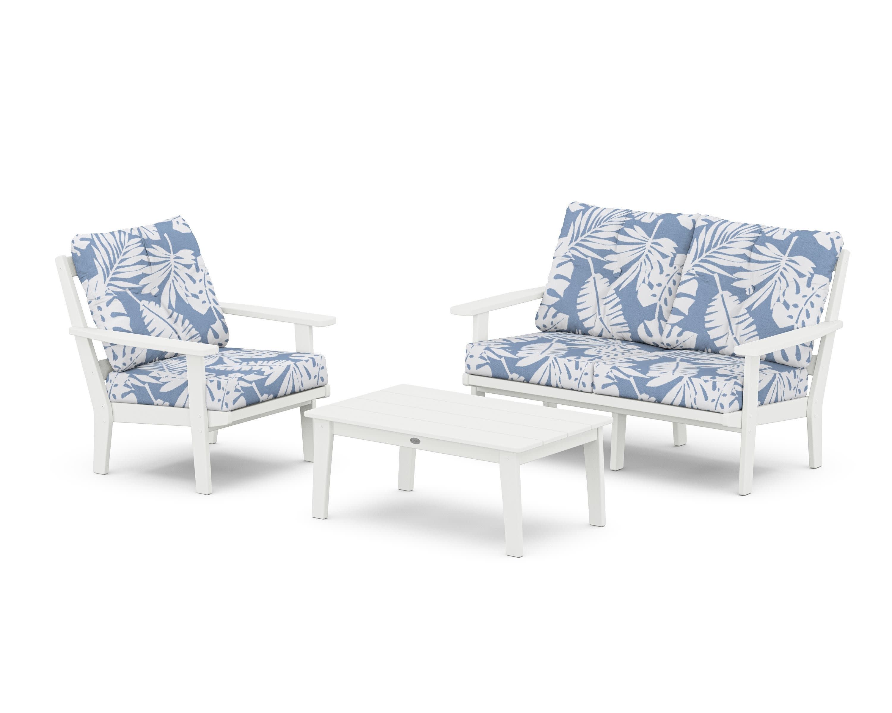 Oxford 3-Piece Deep Seating Set with Loveseat in White / Leaf Sky Blue