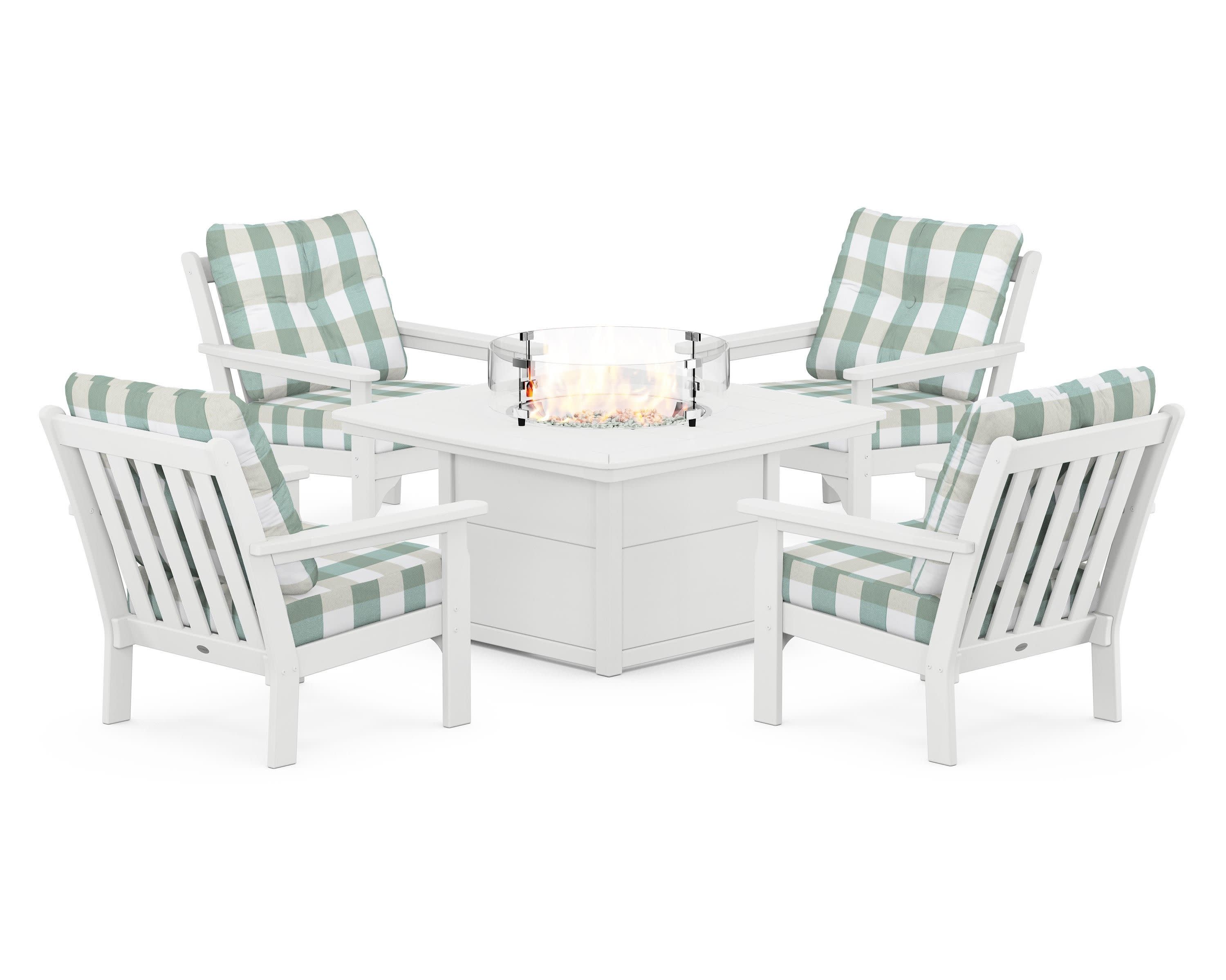 Vineyard 5-Piece Conversation Set with Fire Pit Table in White / Buffalo Plaid Glacier Spa