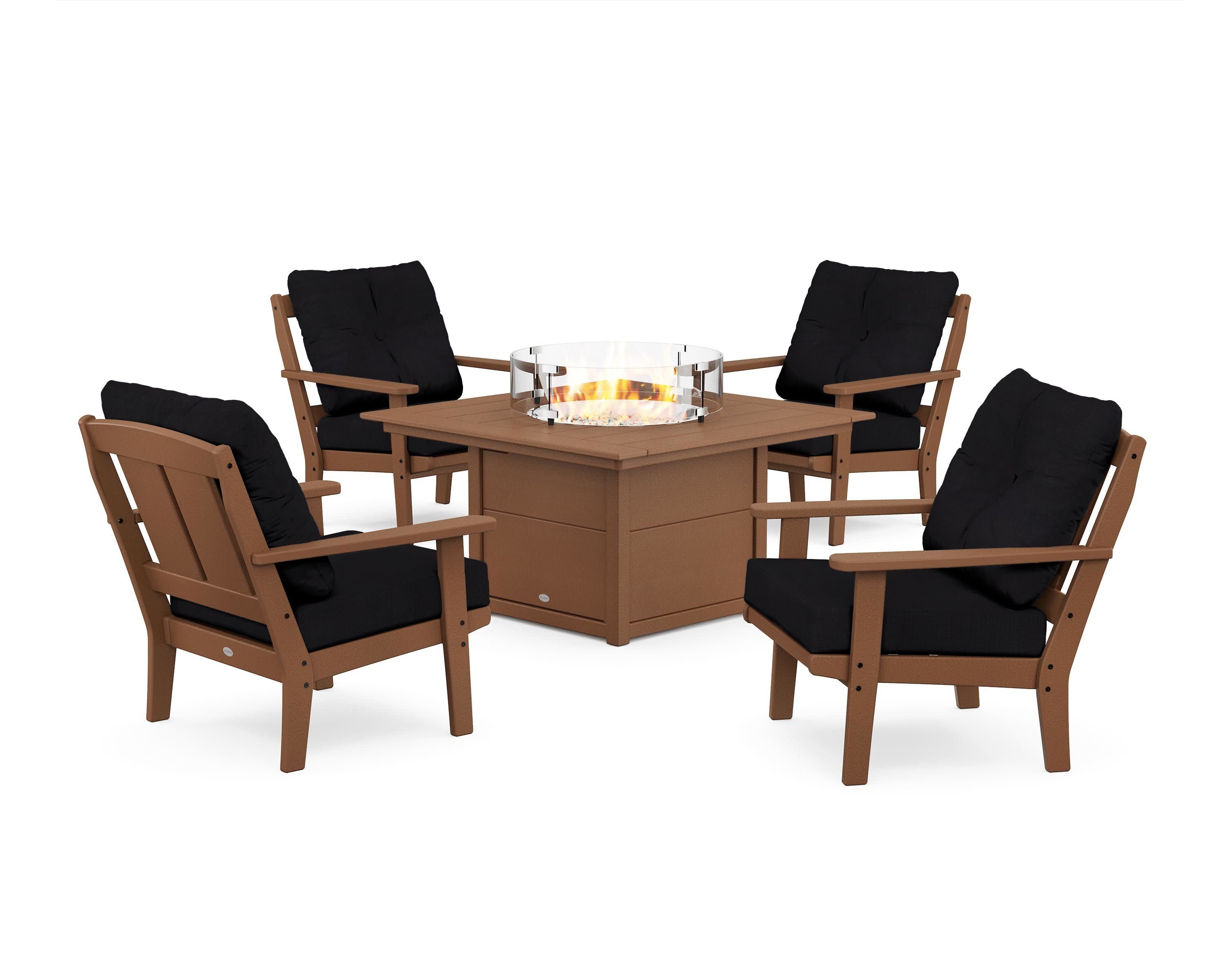 Mission 5-Piece Deep Seating Set with Fire Pit Table in Teak / Midnight Linen
