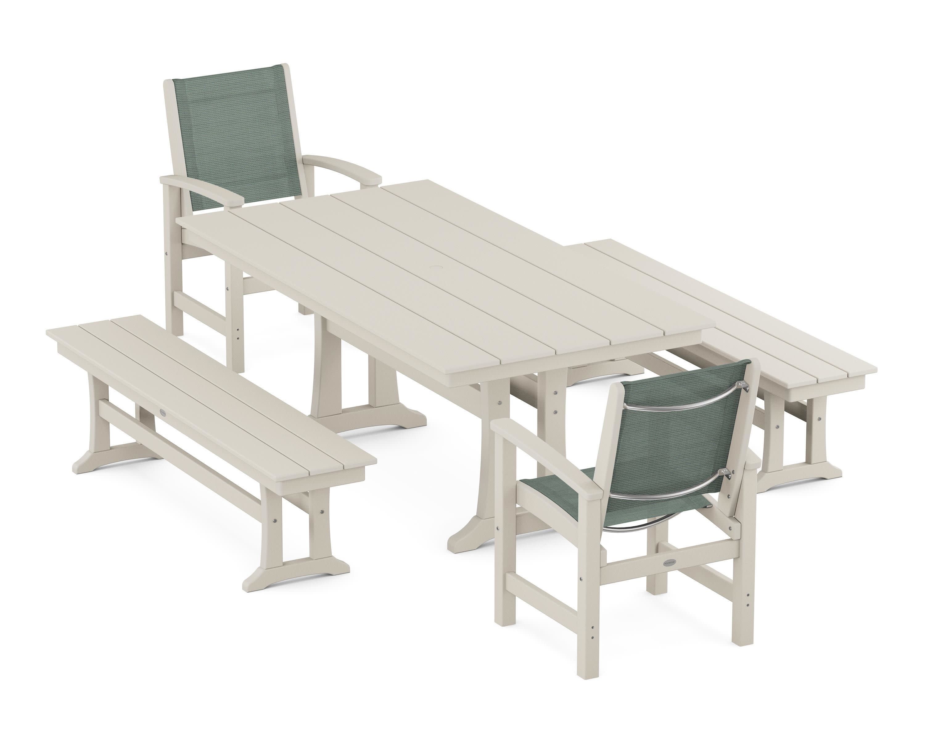Coastal 5-Piece Farmhouse Dining Set with Trestle Legs and Benches in Sand / Dupioni Sea Mist Sling