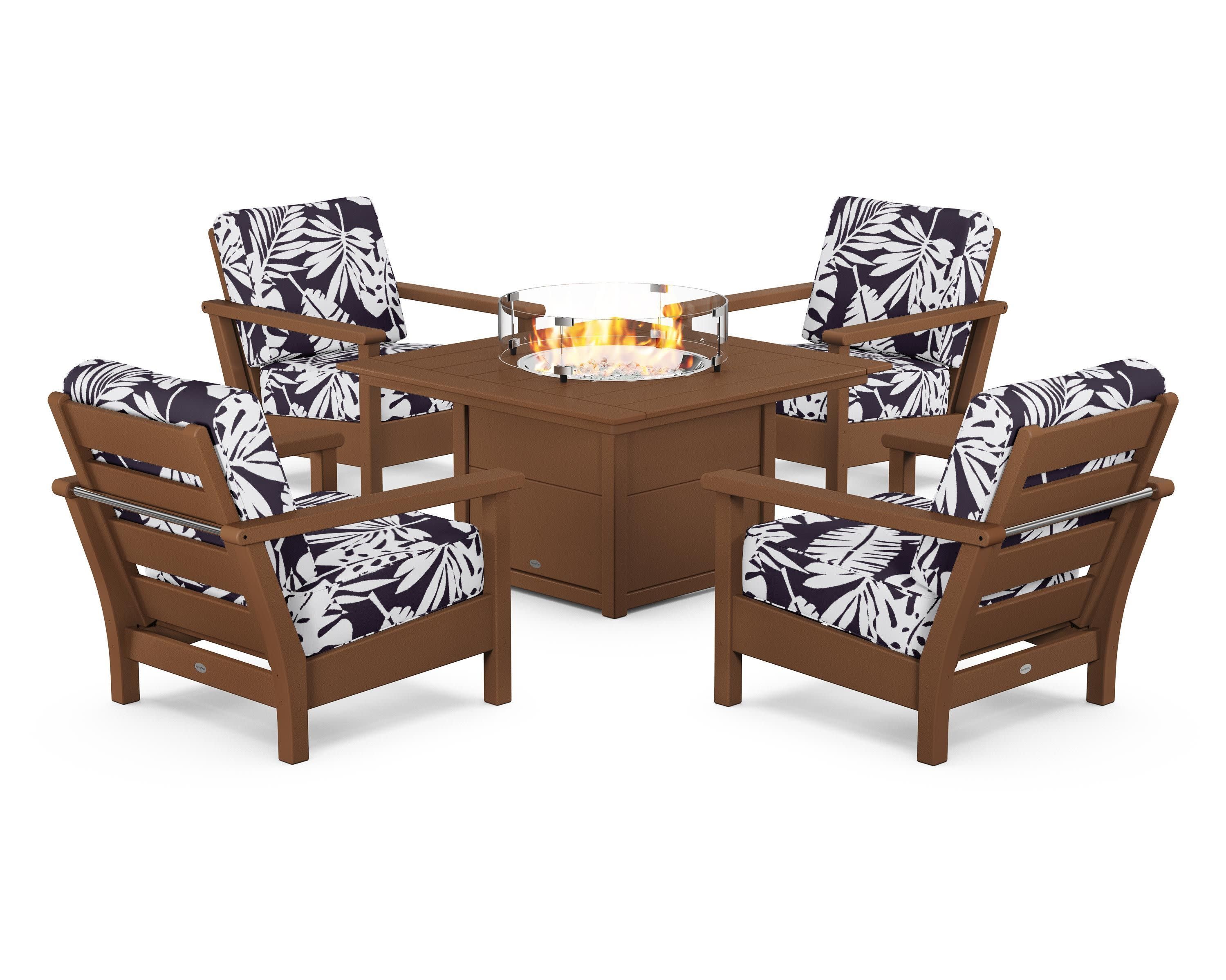 Harbour 5-Piece Conversation Set with Fire Pit Table in Teak / Leaf Navy