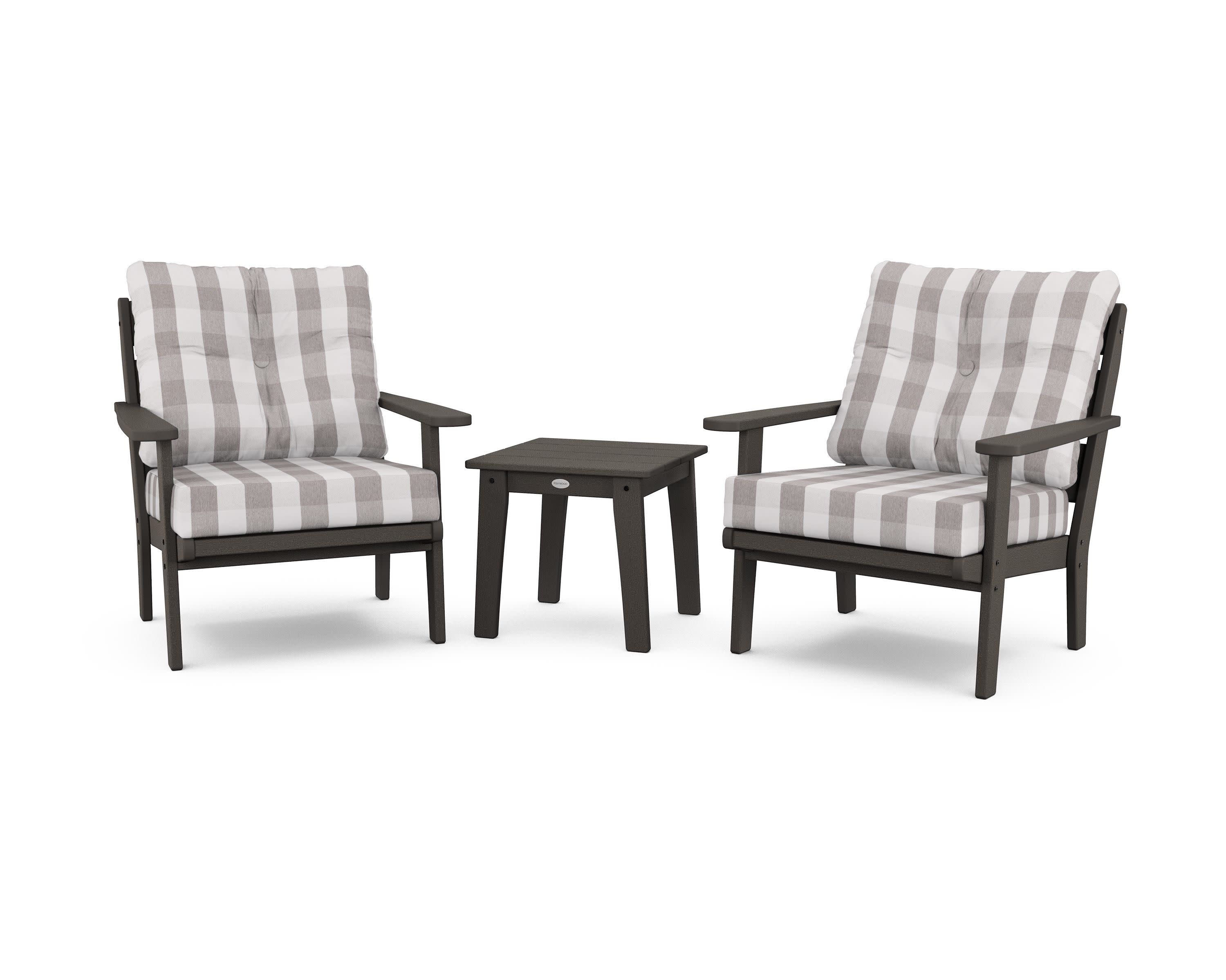 Lakeside 3-Piece Deep Seating Chair Set in Vintage Coffee / Buffalo Plaid Grey Mist