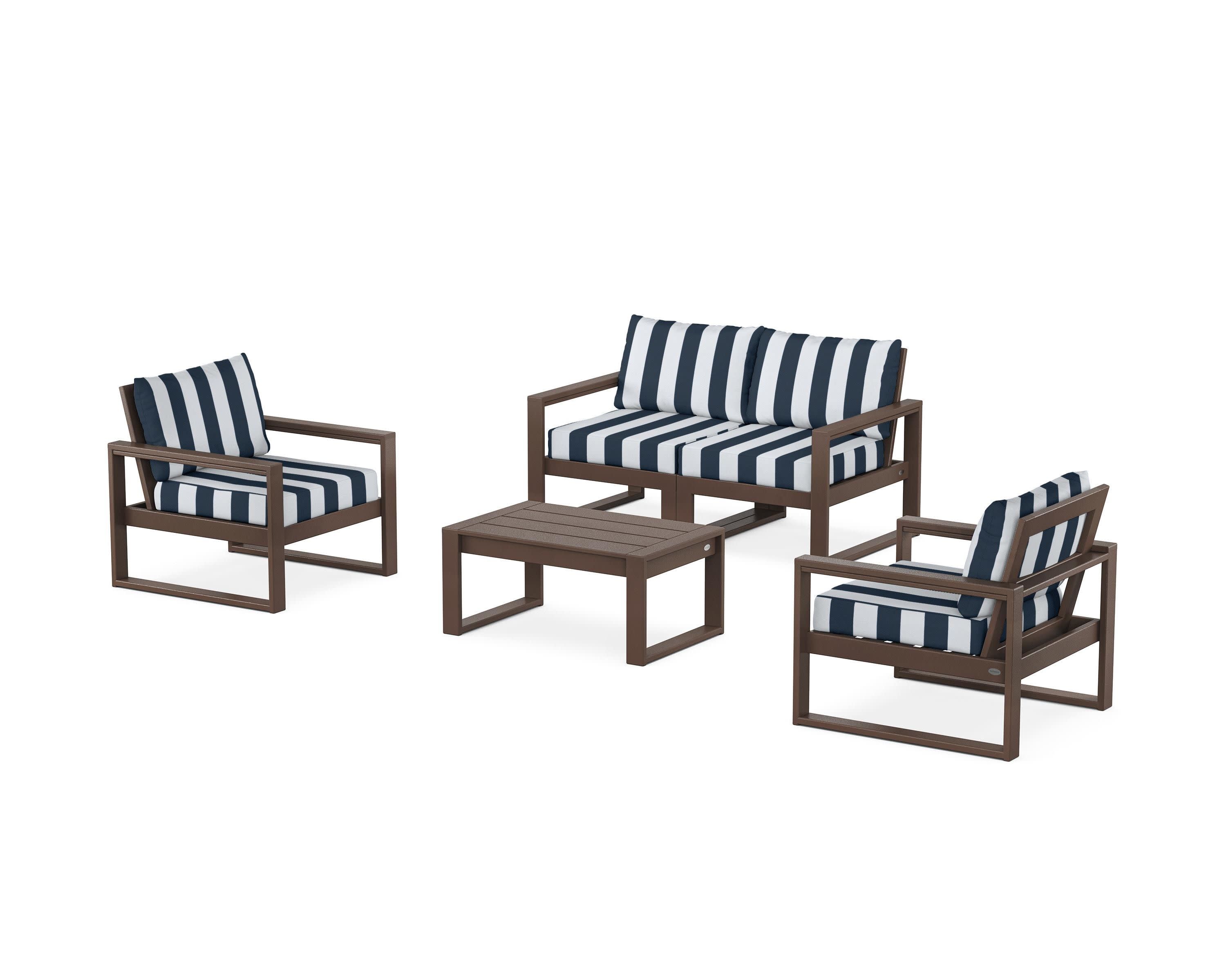 EDGE Sectional 4-Piece Deep Seating Set with Loveseat in Mahogany / Cabana Stripe Marine Indigo