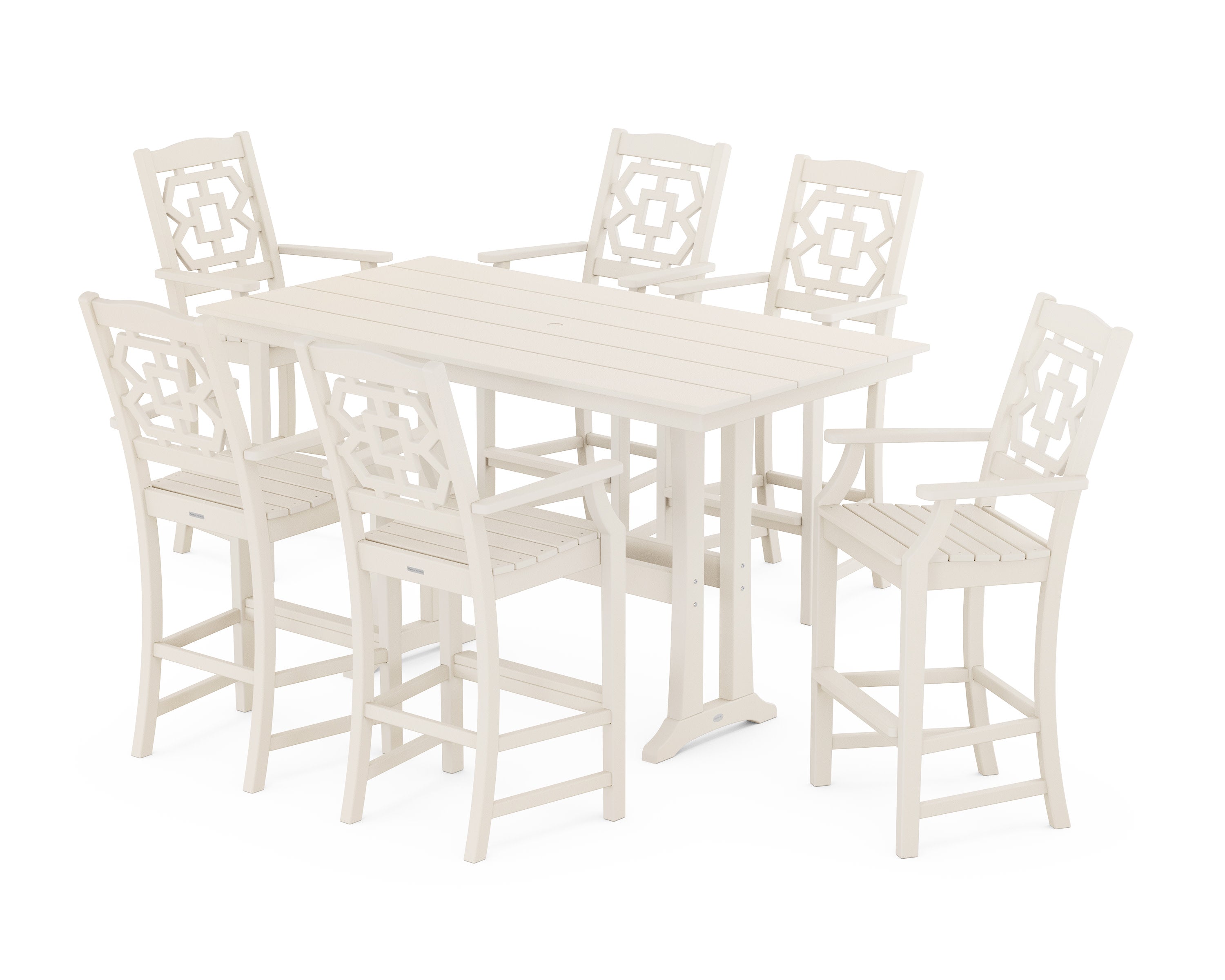 Chinoiserie Arm Chair 7-Piece Farmhouse Bar Set with Trestle Legs in Sand