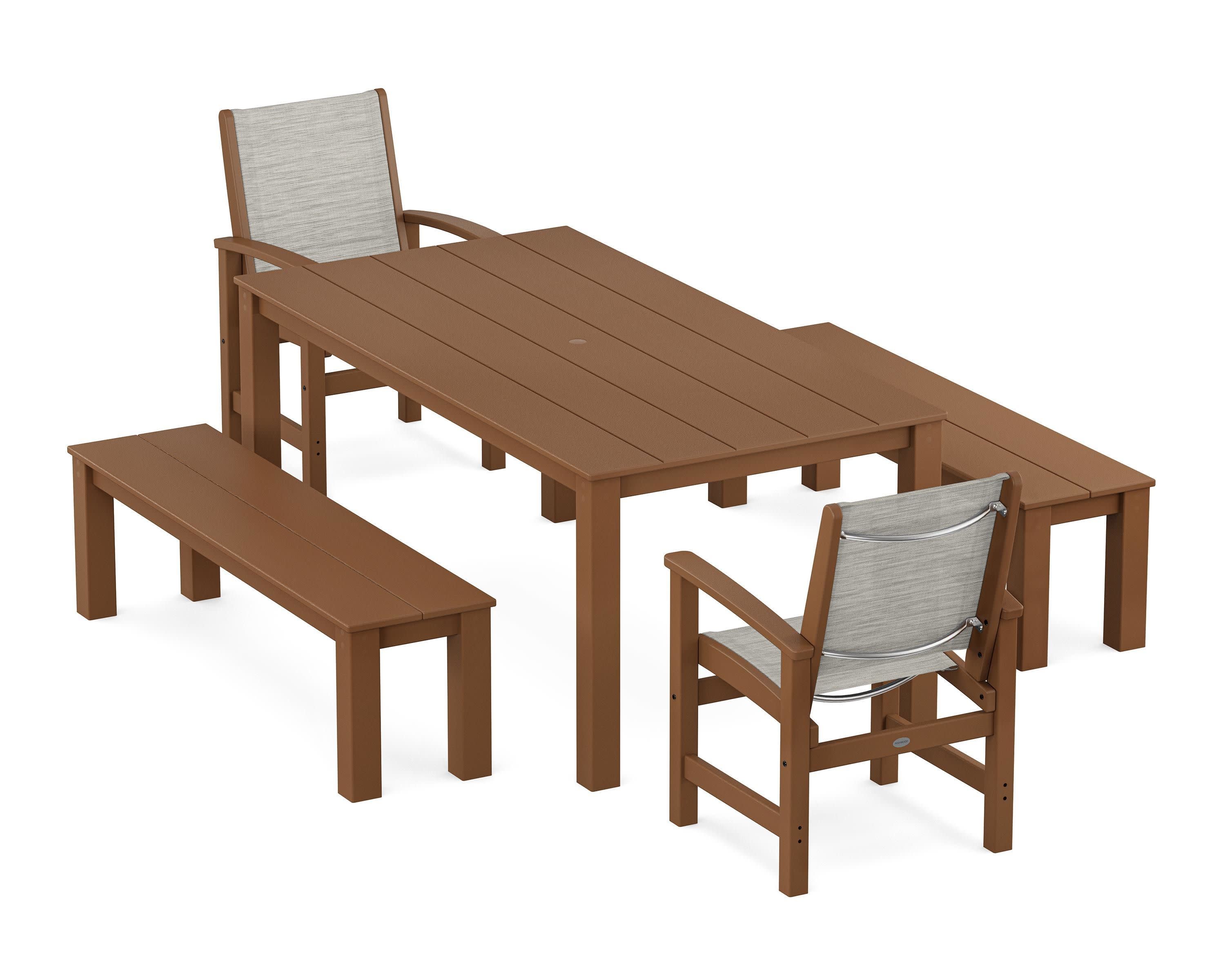 Coastal 5-Piece Parsons Dining Set with Benches in Teak / Birch Sling