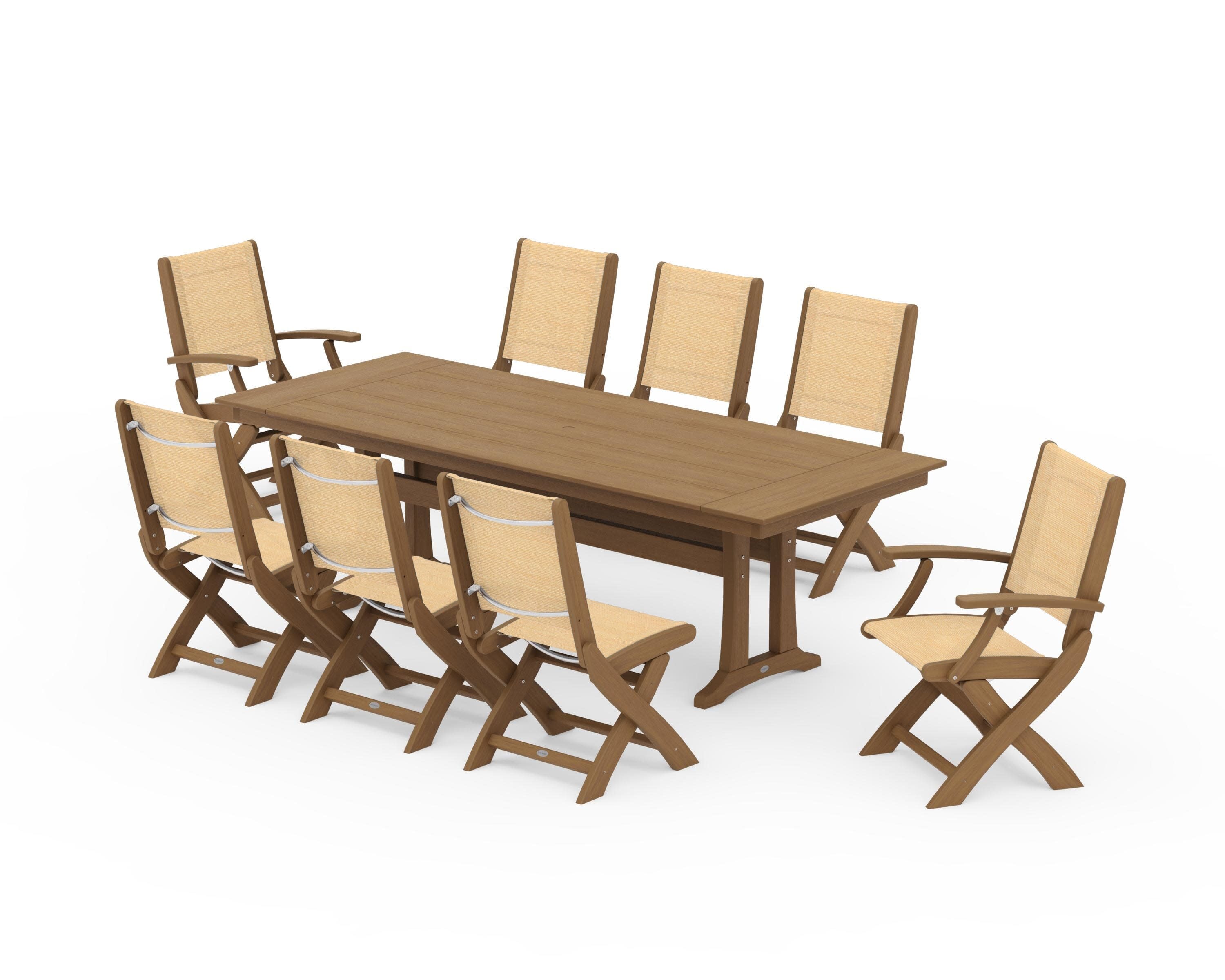 Coastal 9-Piece Folding Dining Chair Farmhouse Dining Set with Trestle Legs in Natural / Dupioni Apricot Sling