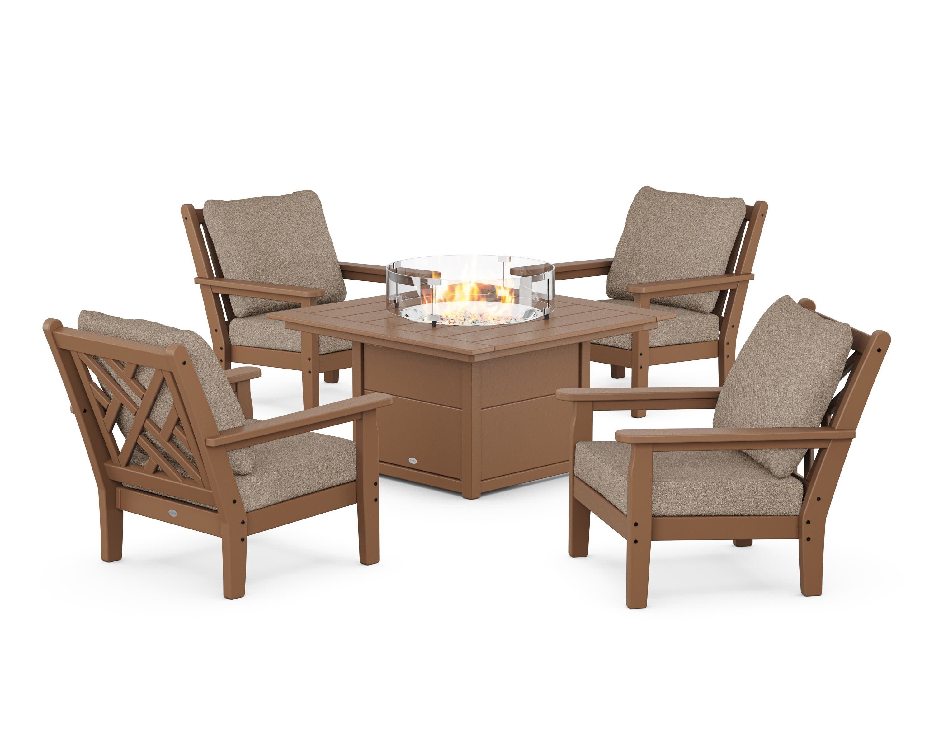 Chippendale 5-Piece Deep Seating Set with Fire Pit Table in Teak / Spiced Burlap
