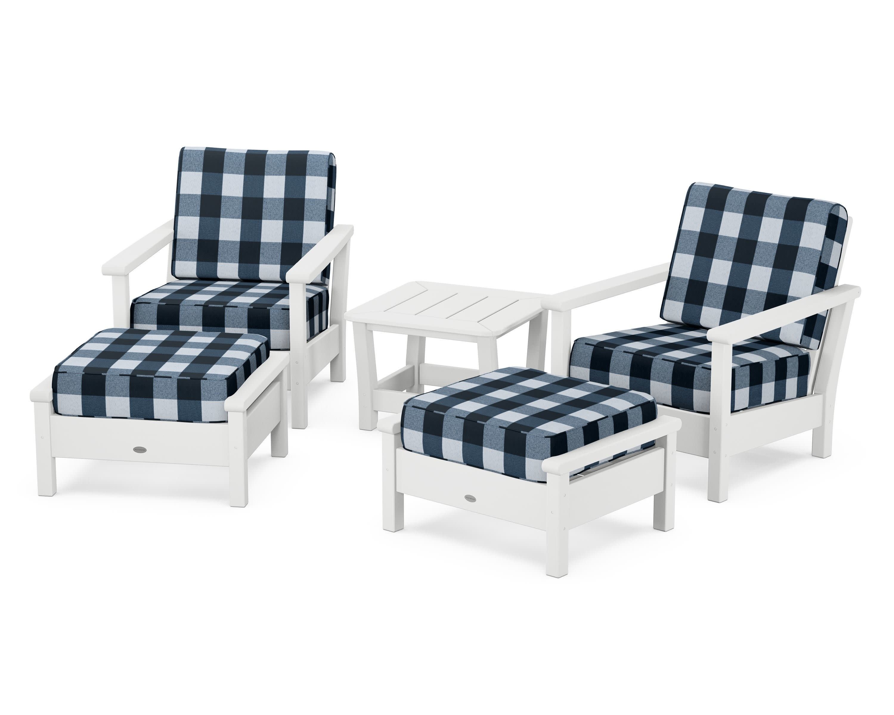 Harbour 5-Piece Deep Seating Chair Set in White / Buffalo Plaid Marine Indigo