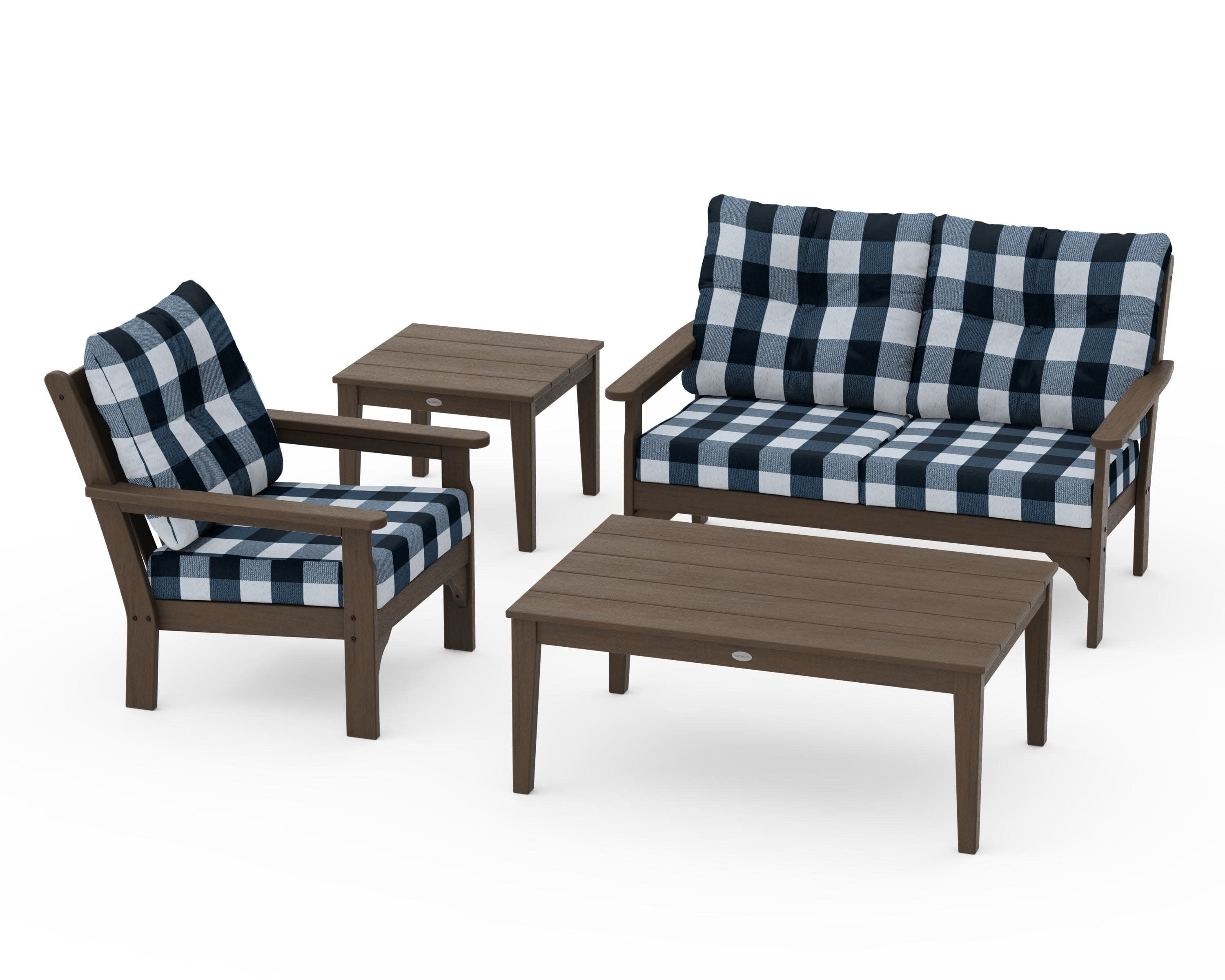 Vineyard 4-Piece Deep Seating Set in Kona / Buffalo Plaid Marine Indigo
