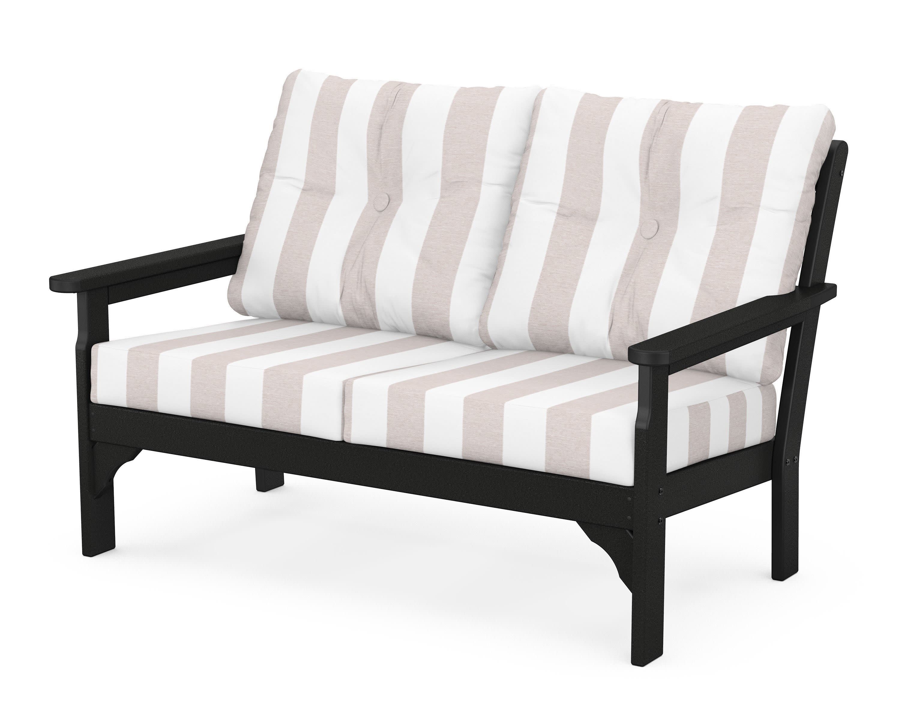 Vineyard Deep Seating Loveseat in Black / Cabana Stripe Dune Burlap