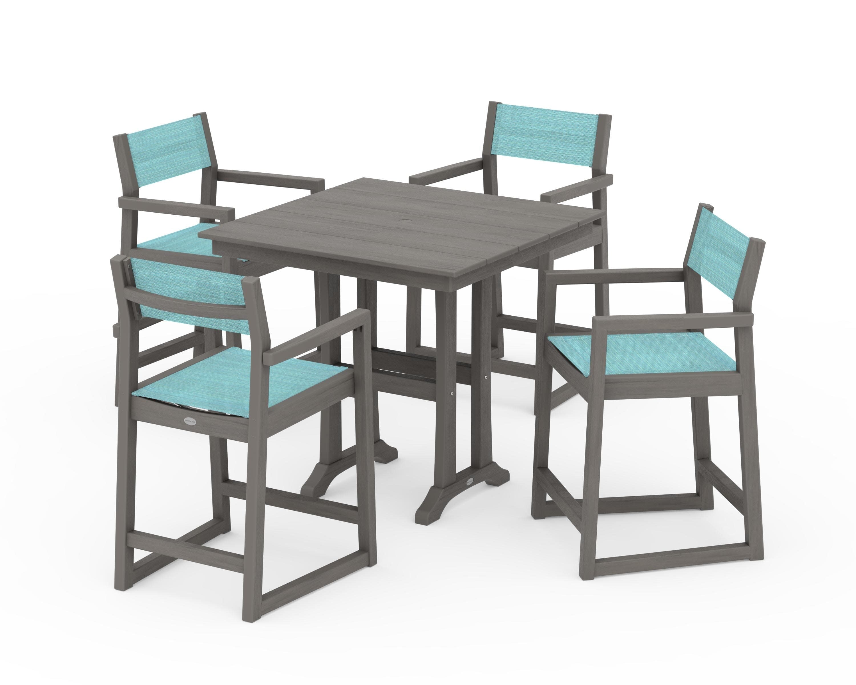 EDGE Sling Arm Chair 5-Piece Farmhouse Counter Set with Trestle Legs in Driftwood / Dupioni Aquamarine Sling