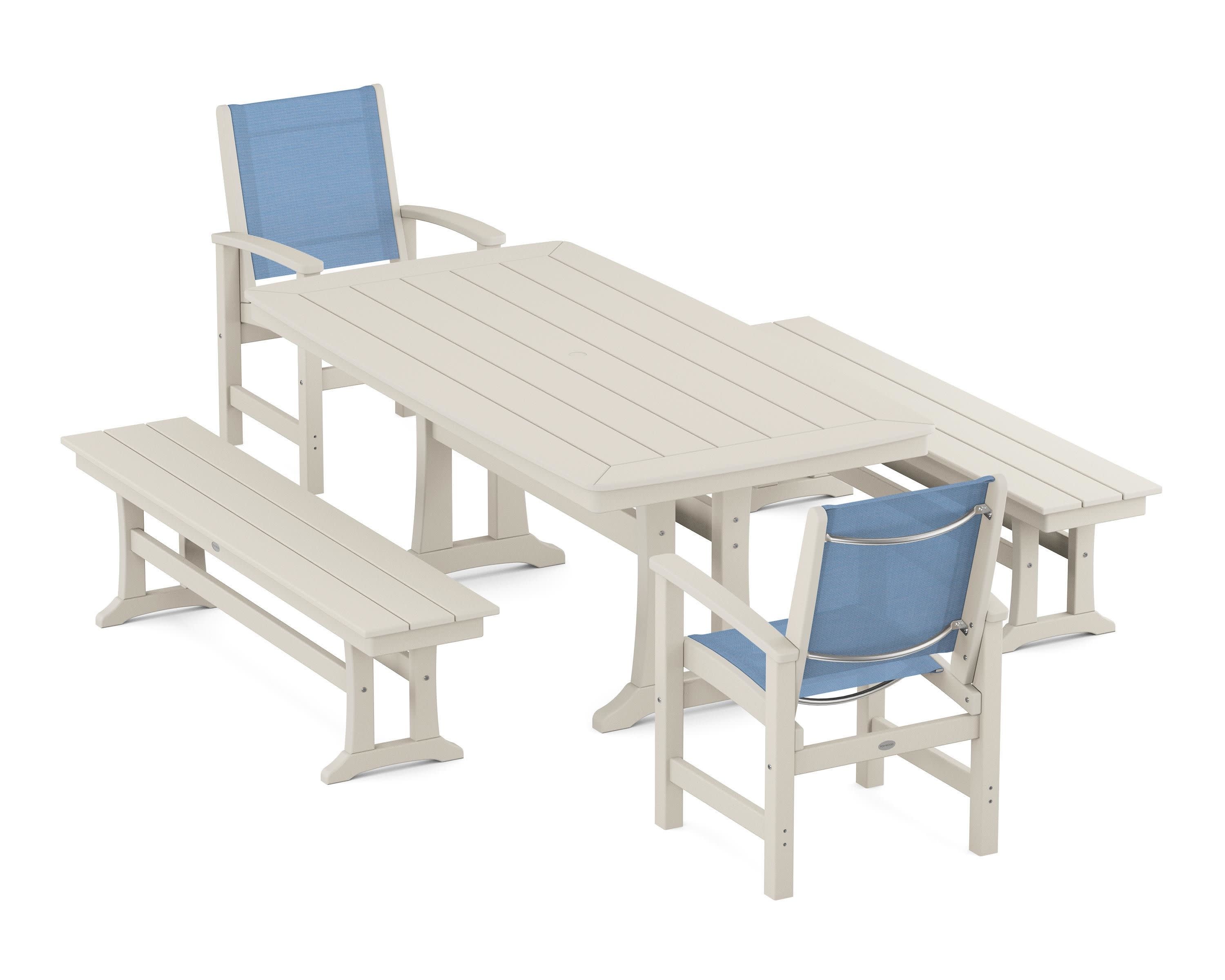 Coastal 5-Piece Dining Set with Trestle Legs and Benches in Sand / Poolside Sling