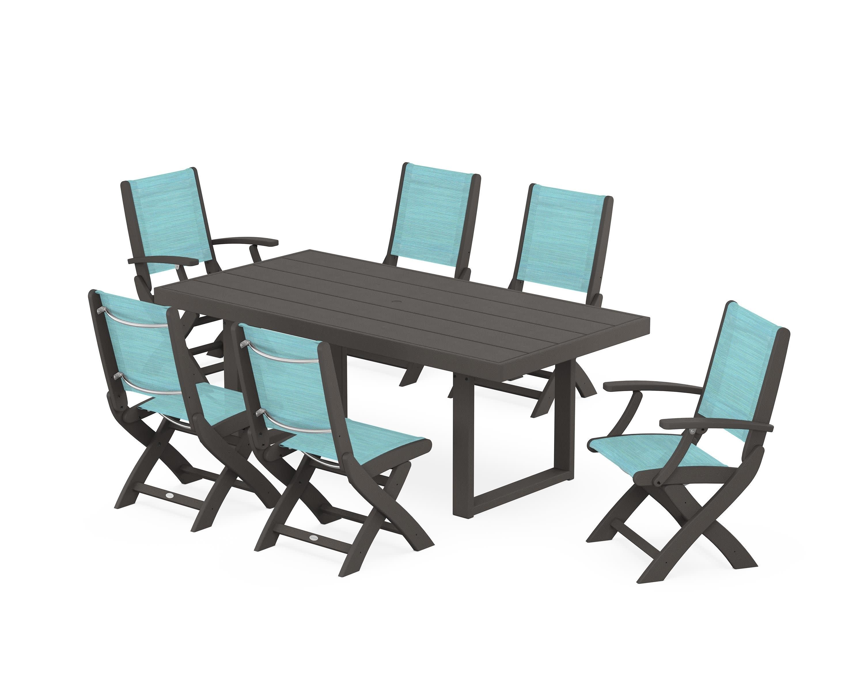 Coastal Folding Chair 7-Piece Dining Set with Trestle Legs in Vintage Coffee / Dupioni Aquamarine Sling
