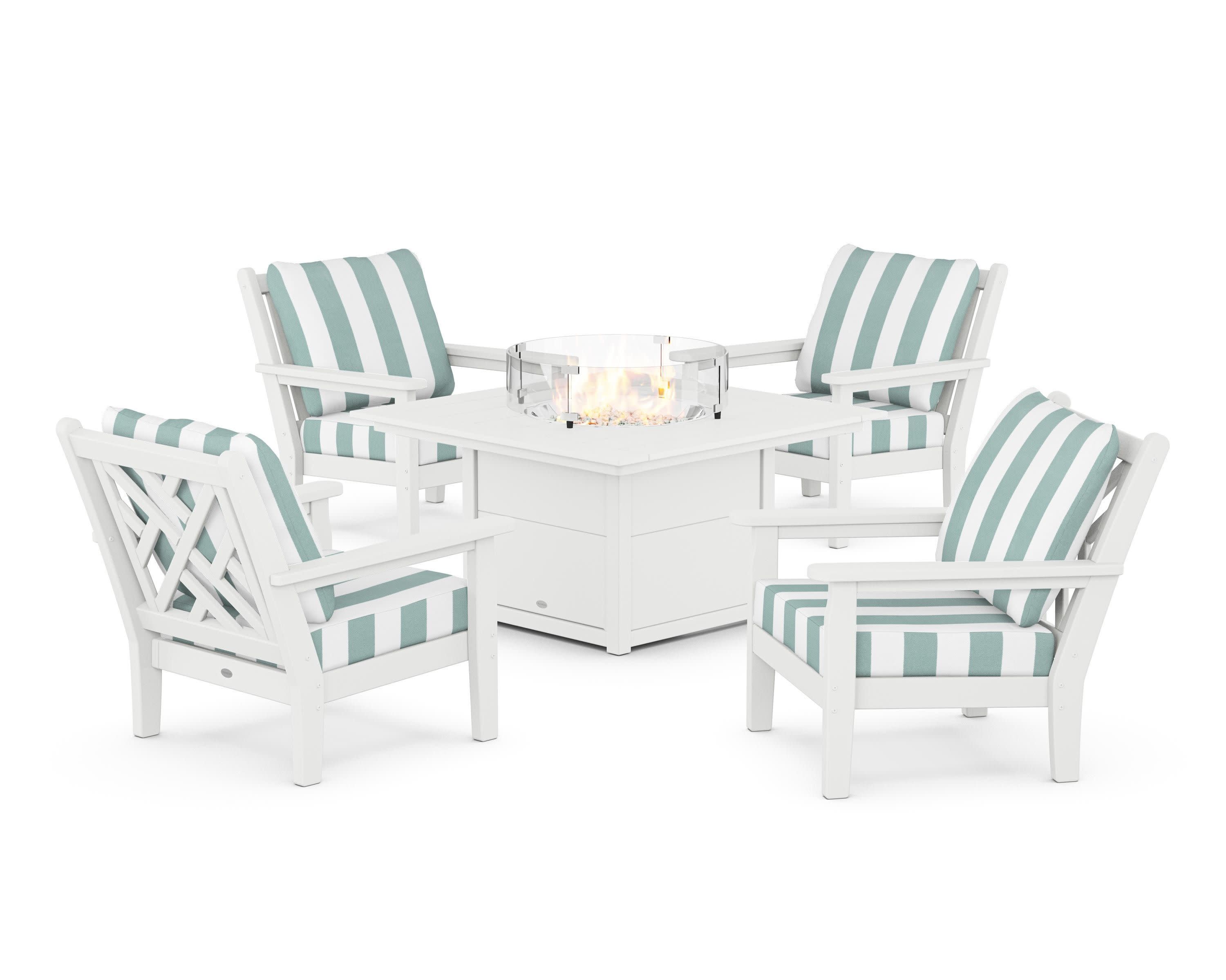 Chippendale 5-Piece Deep Seating Set with Fire Pit Table in White / Cabana Stripe Glacier Spa