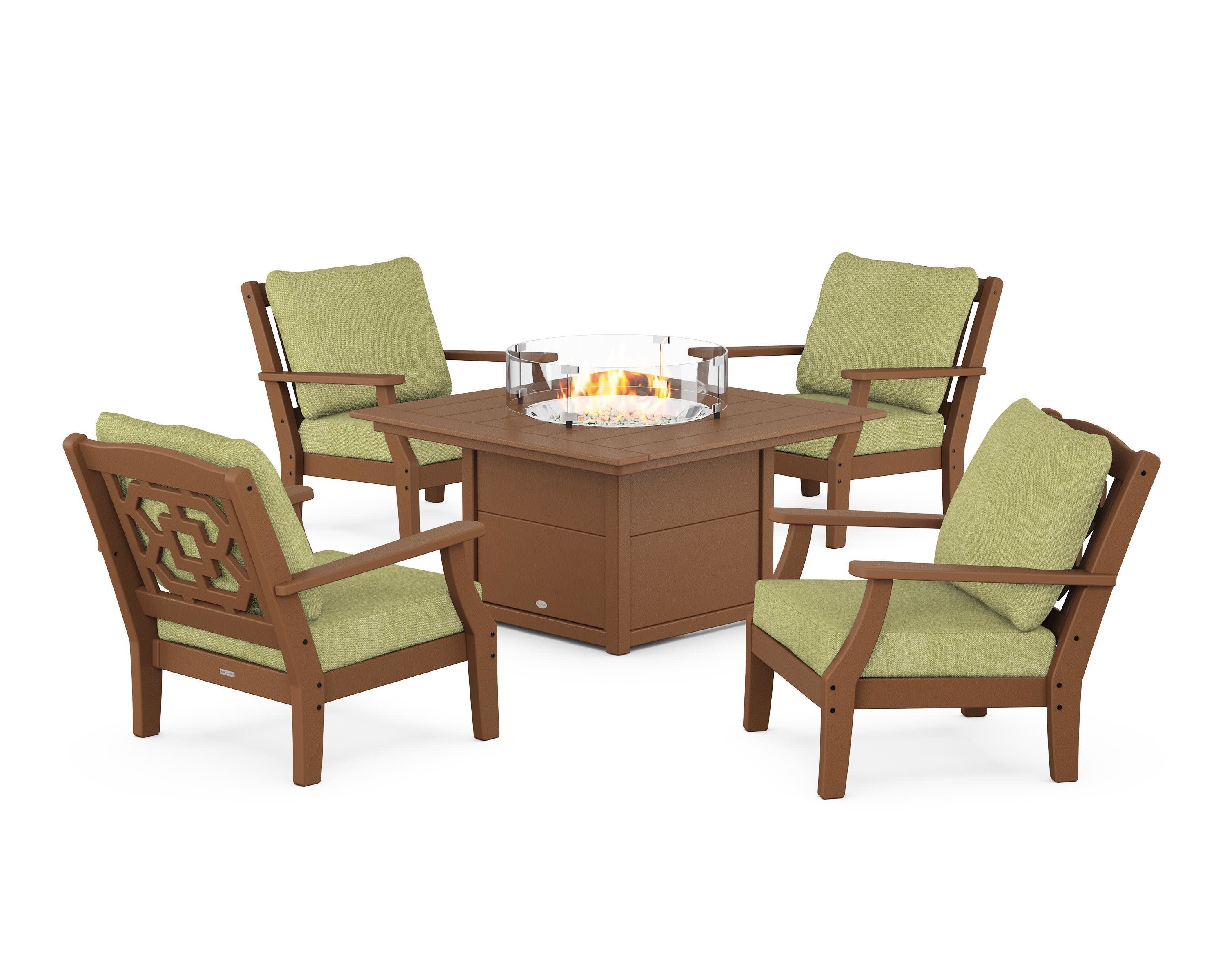 Chinoiserie 5-Piece Deep Seating Set with Fire Pit Table in Teak / Chartreuse Boucle