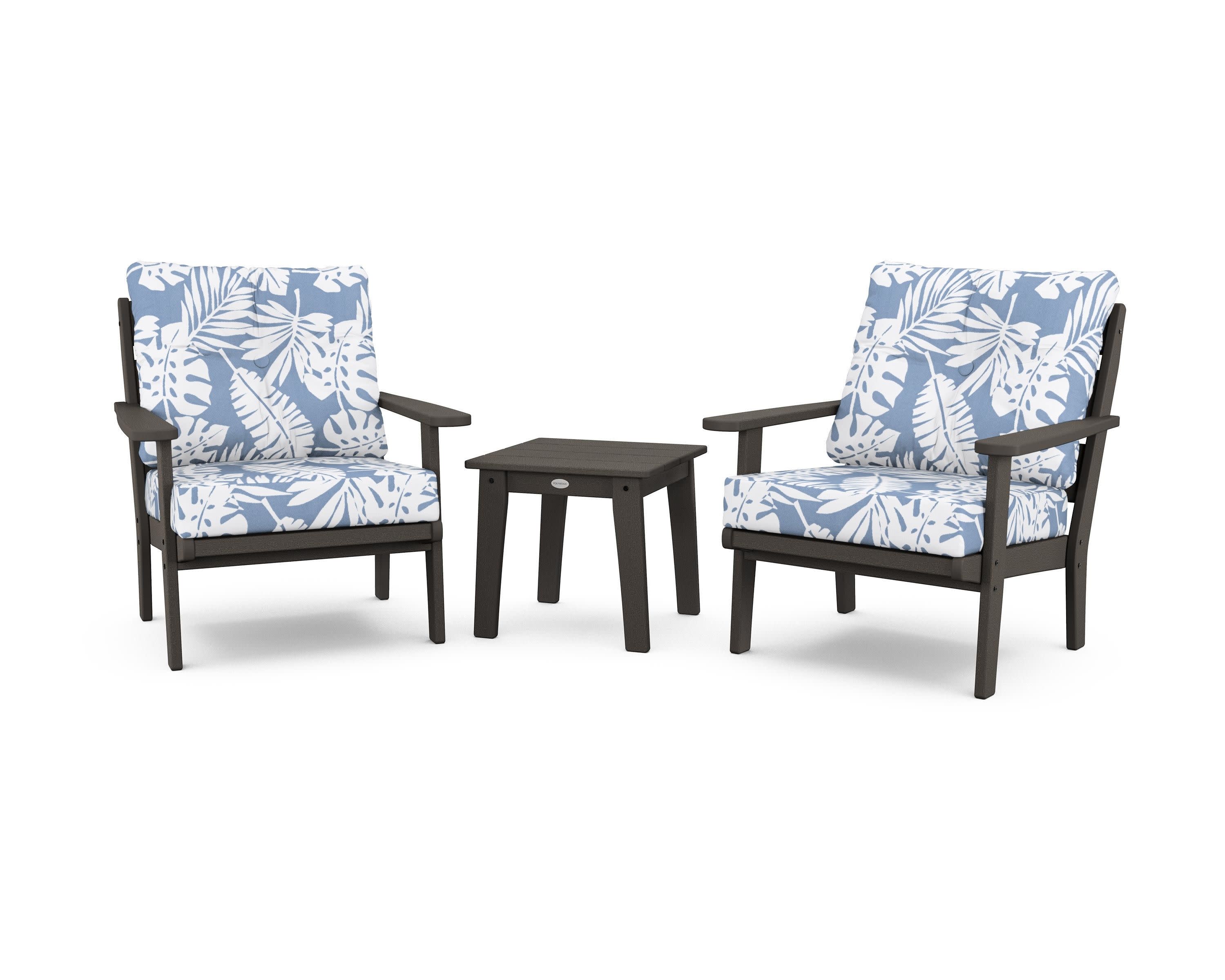 Lakeside 3-Piece Deep Seating Chair Set in Vintage Coffee / Leaf Sky Blue