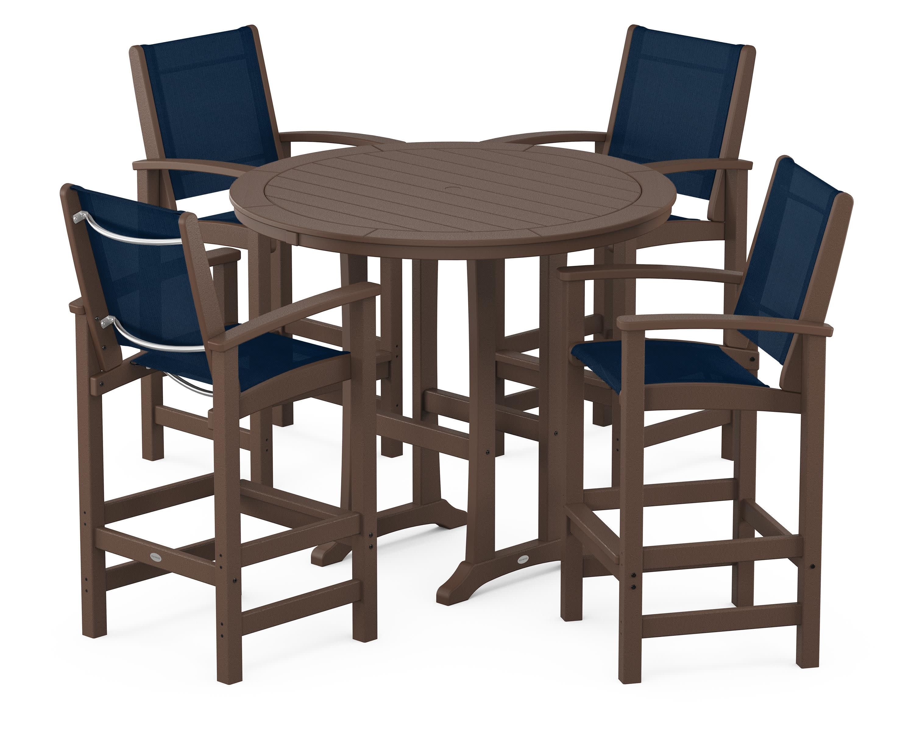 Coastal 5-Piece Nautical Trestle Bar Set in Mahogany / Navy Blue Sling