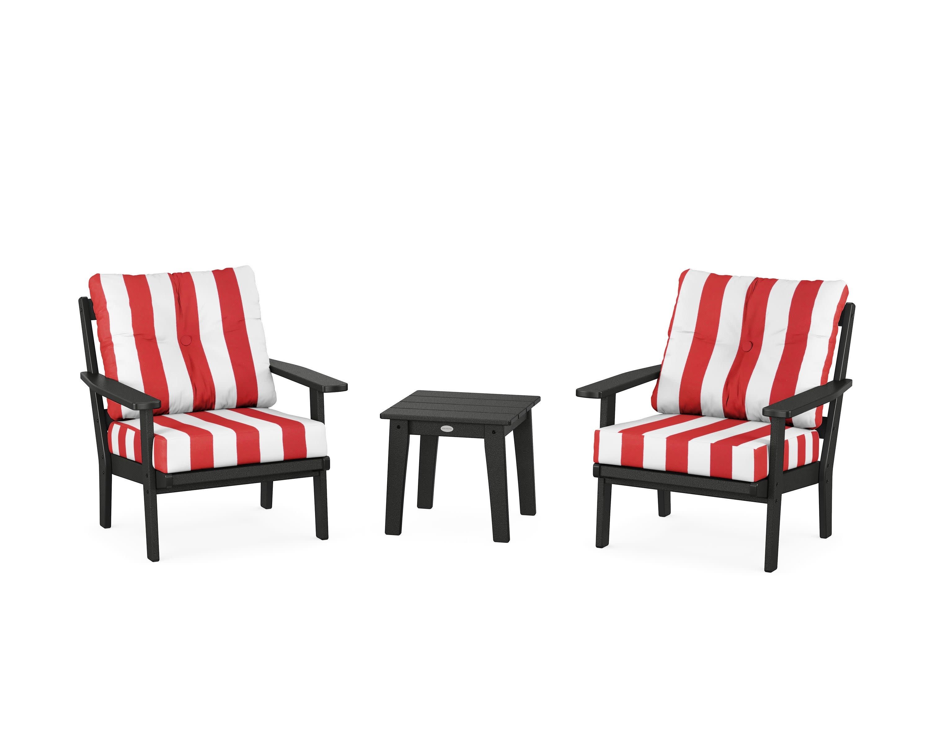 Oxford 3-Piece Deep Seating Set in Black / Cabana Stripe Crimson