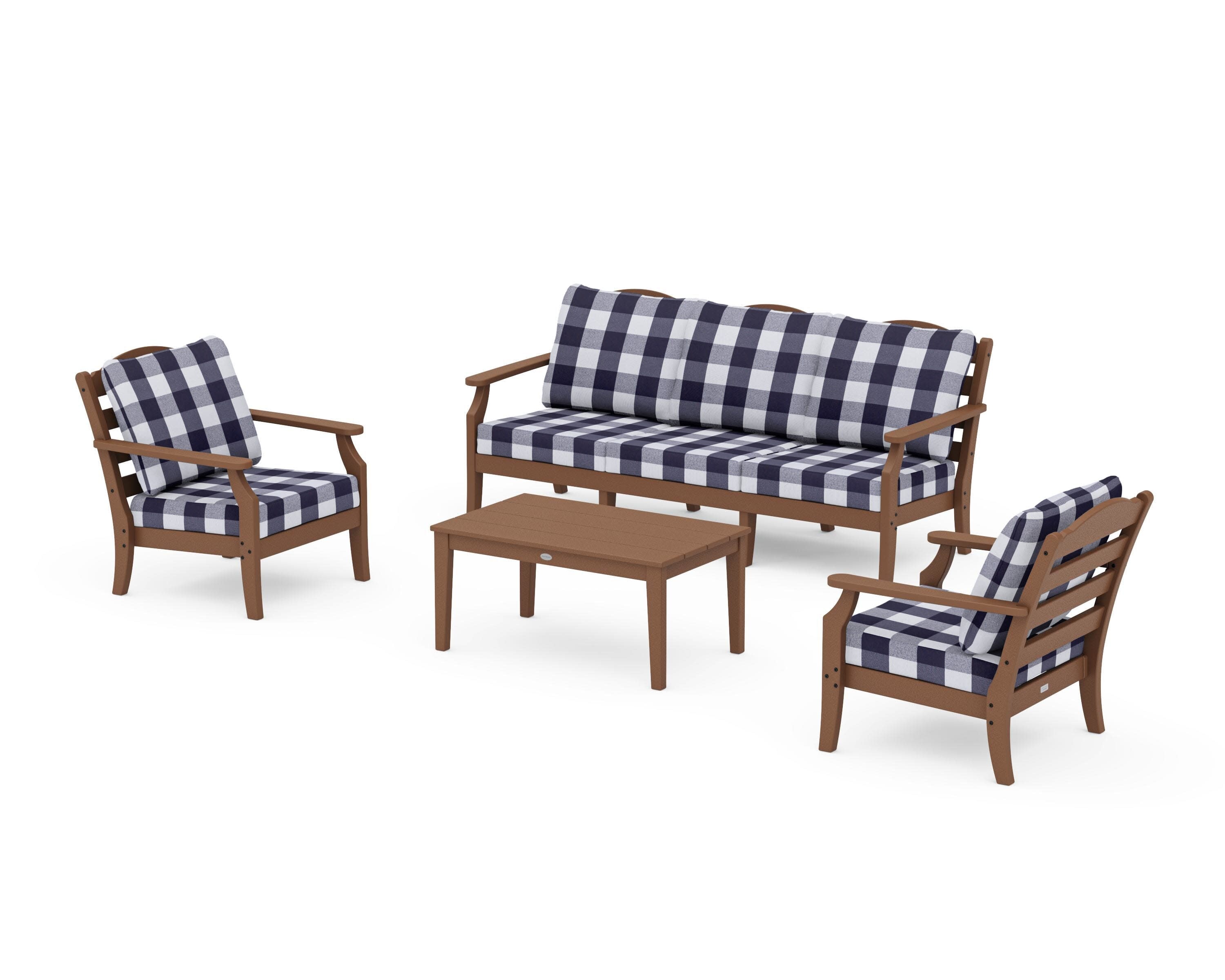 Savannah 4-Piece Deep Seating Set with Sofa in Teak / Buffalo Plaid Navy