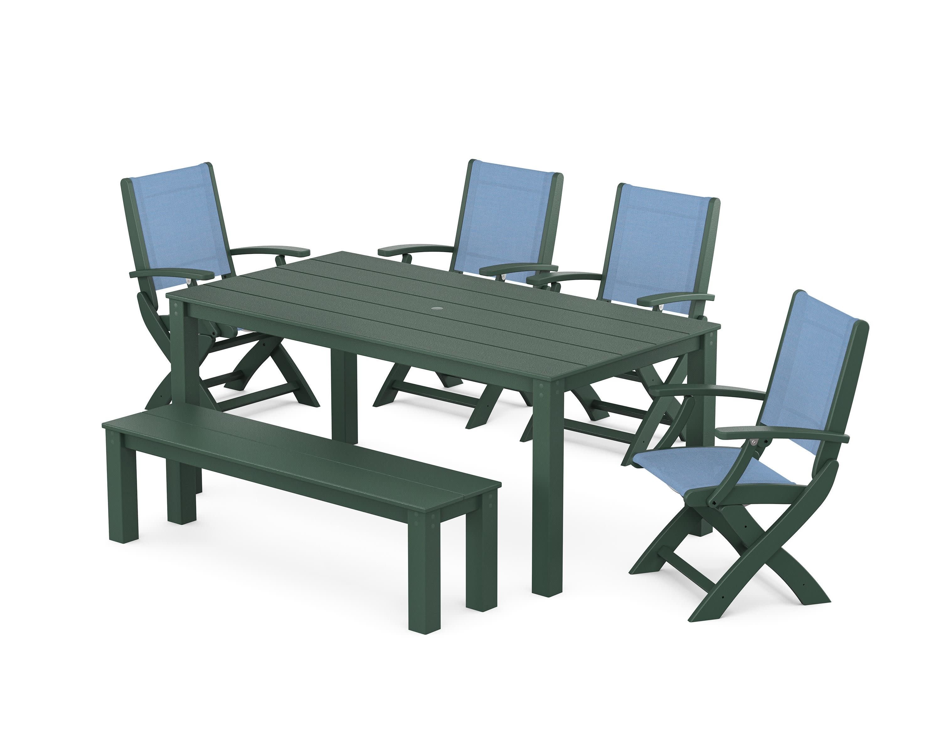 Coastal Folding Chair 6-Piece Parsons Dining Set with Bench in Green / Poolside Sling