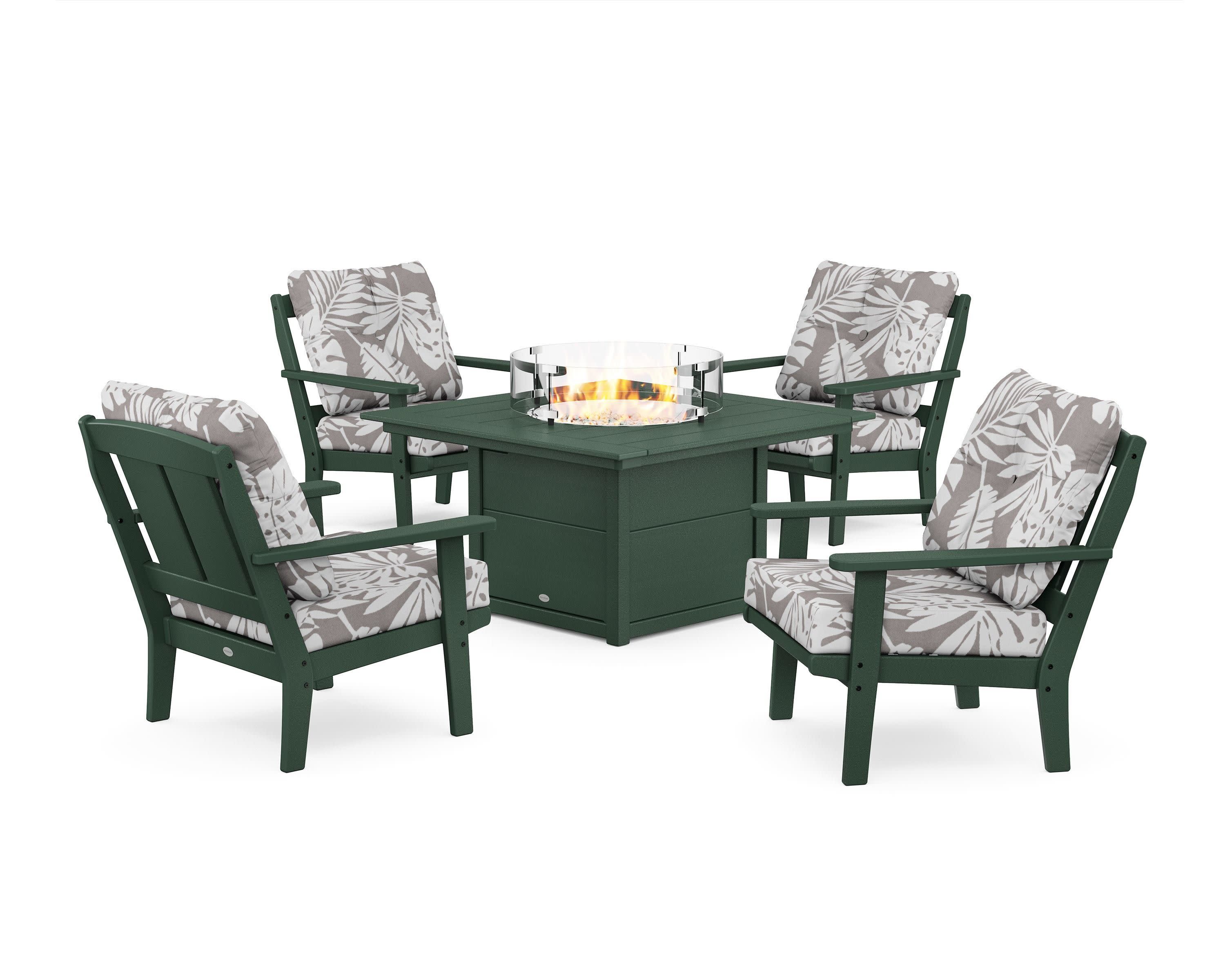 Mission 5-Piece Deep Seating Set with Fire Pit Table in Green / Leaf Grey Mist