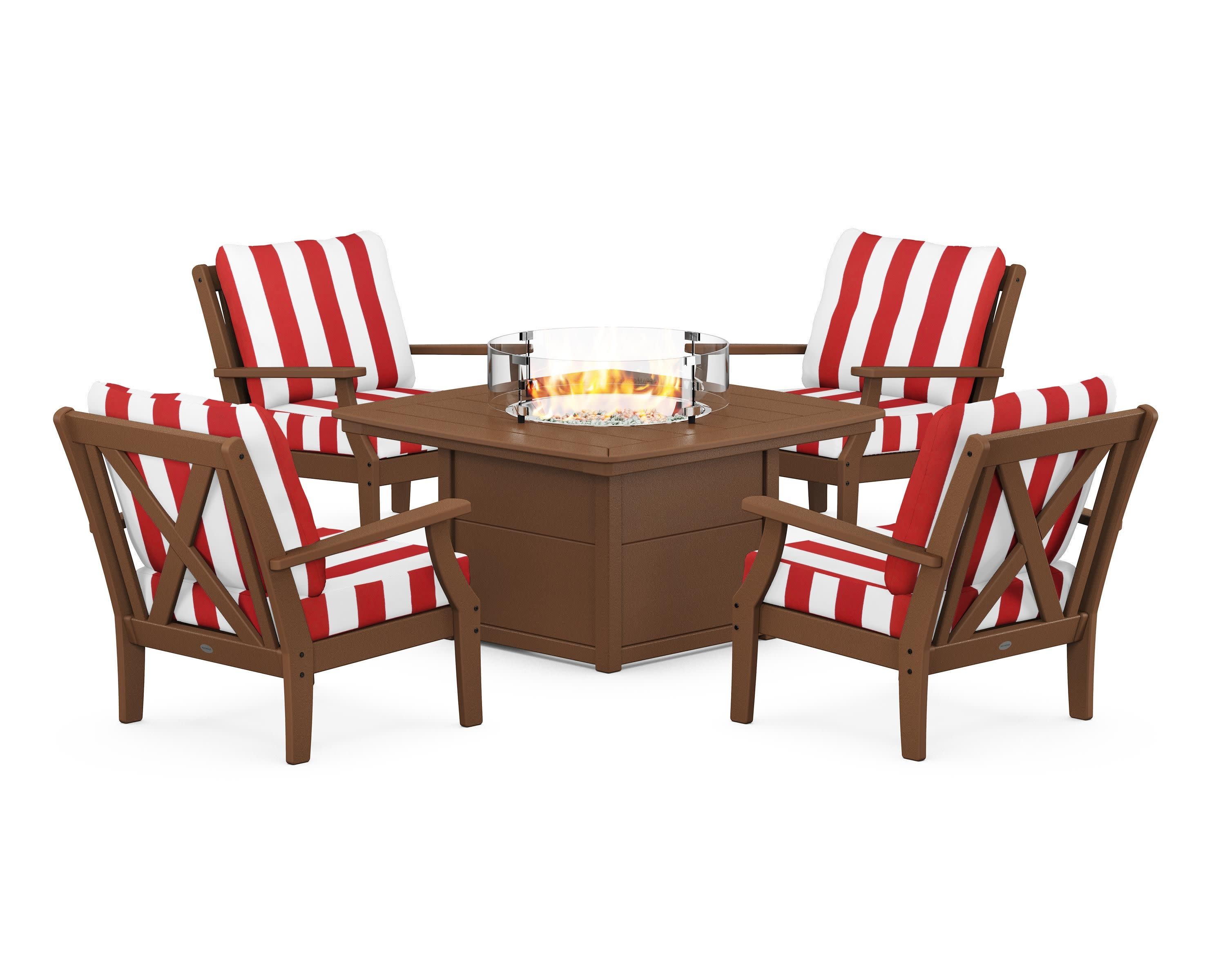 Braxton 5-Piece Deep Seating Conversation Set with Fire Pit Table in Teak / Cabana Stripe Crimson