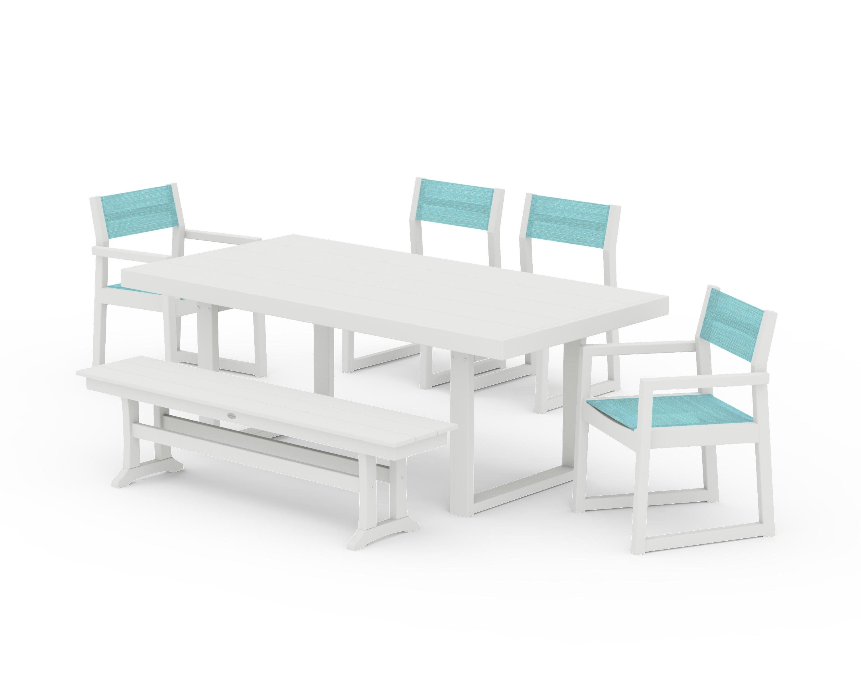 EDGE Sling 6-Piece Dining Set with Bench in Vintage White / Dupioni Aquamarine Sling