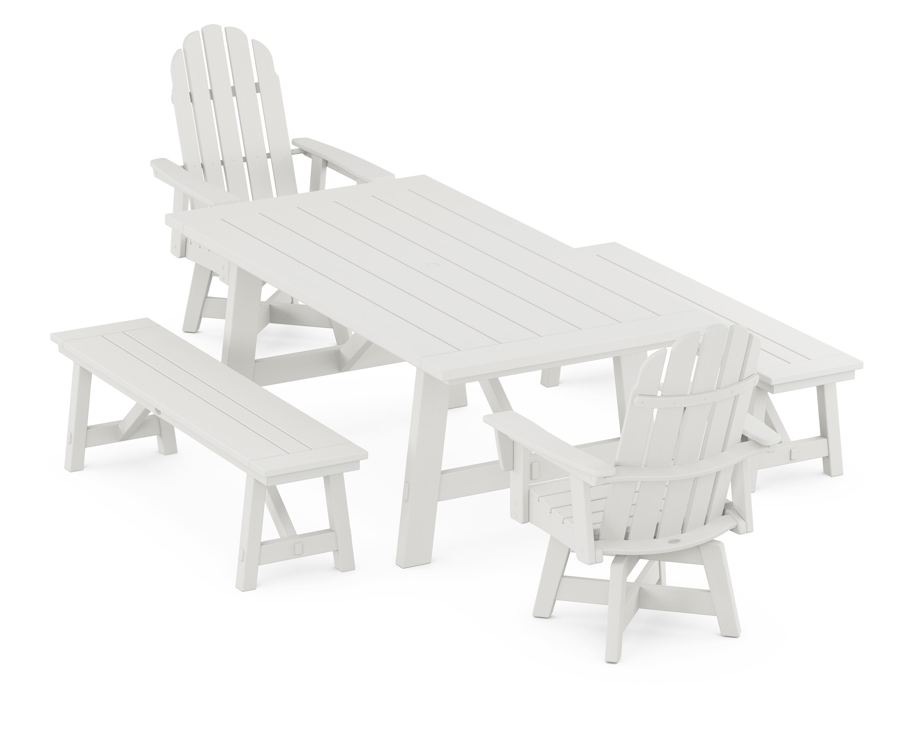 VineyardCurveback Adirondack Swivel Chair 5-Piece Rustic Farmhouse Dining Set With Benches in Vintage White