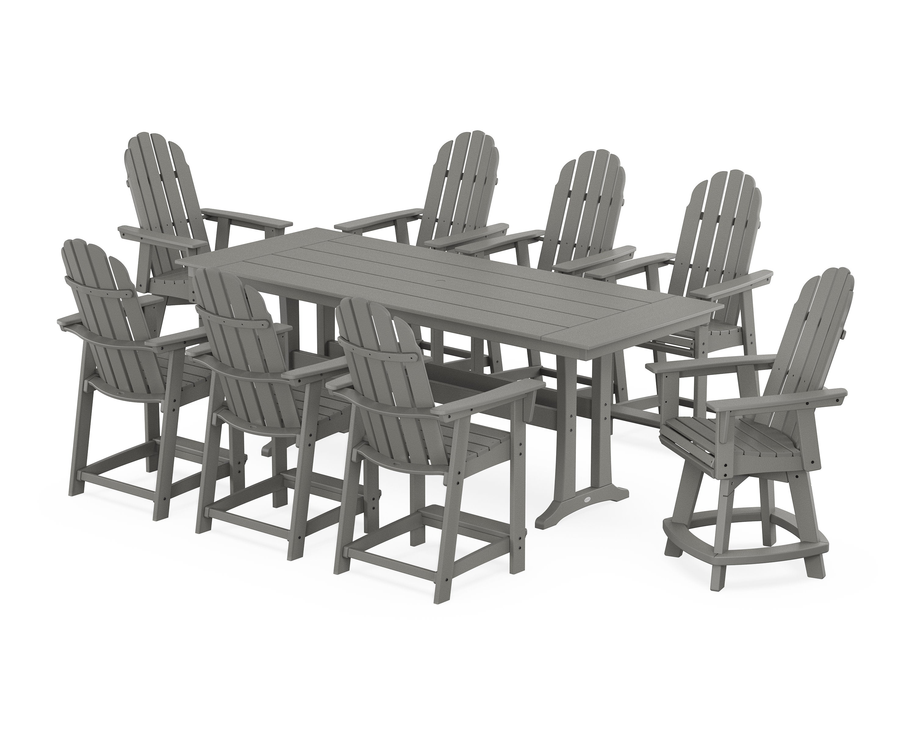Vineyard Curveback Adirondack Swivel 9-Piece Farmhouse Counter Set with Trestle Legs in Slate Grey