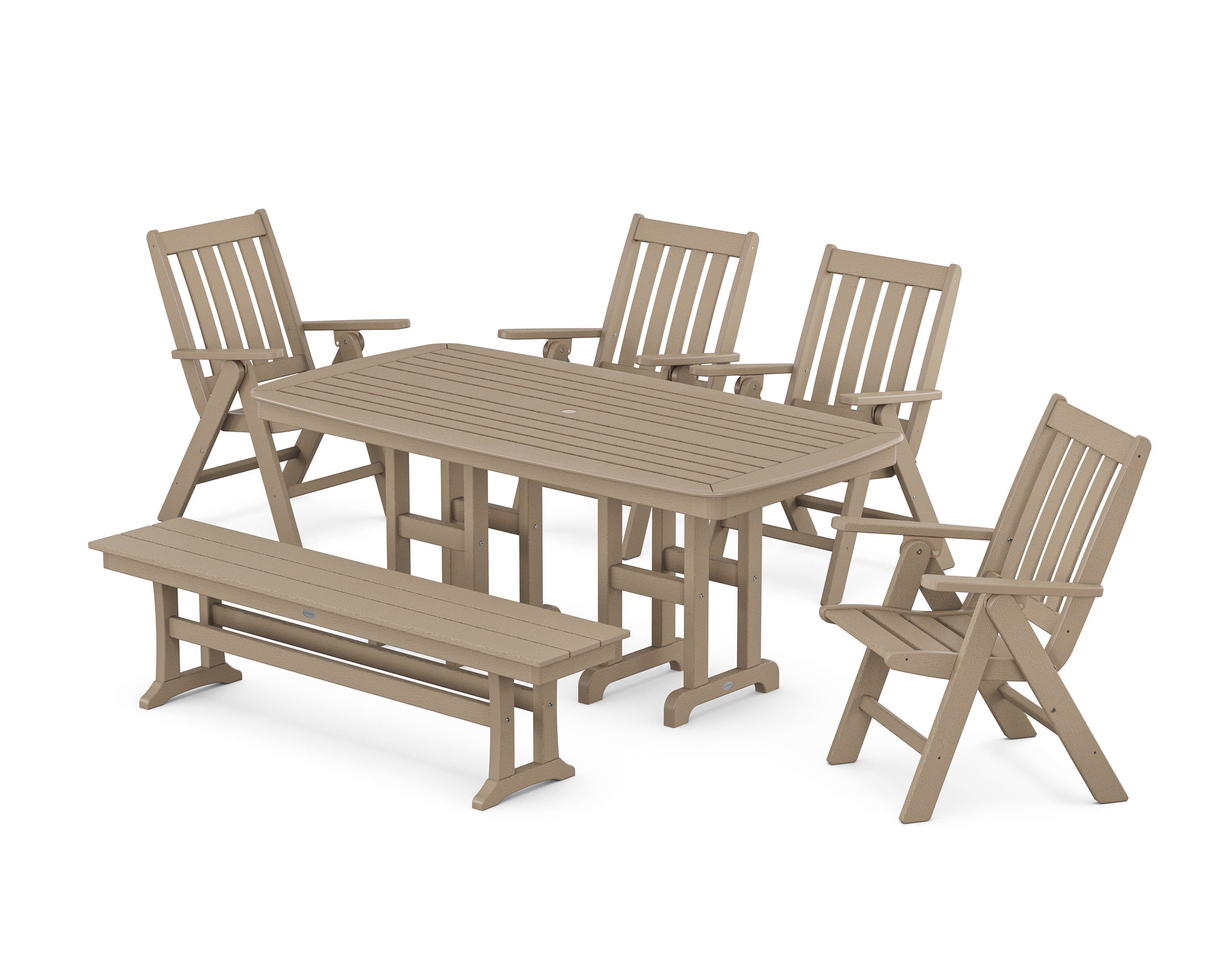 Vineyard Folding Chair 6-Piece Dining Set with Bench in Vintage Sahara