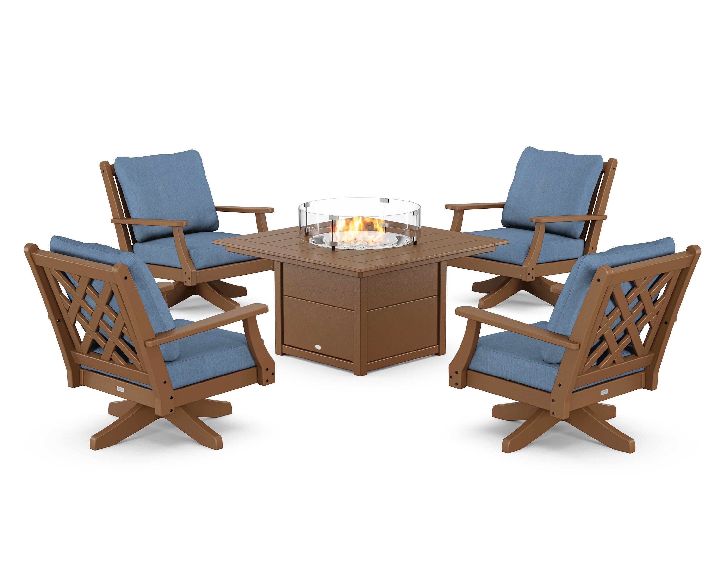 Wovendale 5-Piece Deep Seating Swivel Conversation Set with Fire Pit Table in Teak / Sky Blue