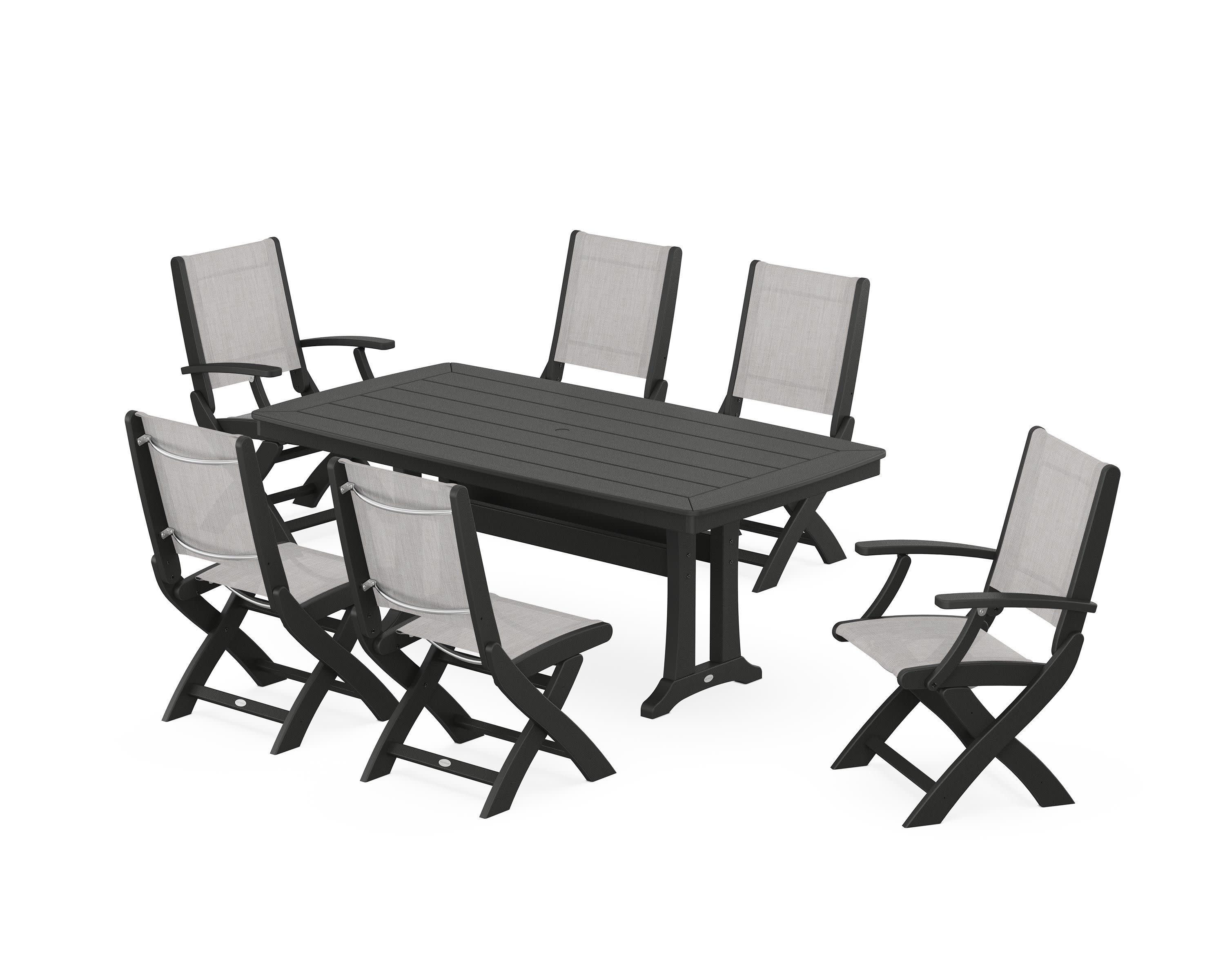 Coastal Folding Chair 7-Piece Dining Set with Trestle Legs in Black / Parchment Sling
