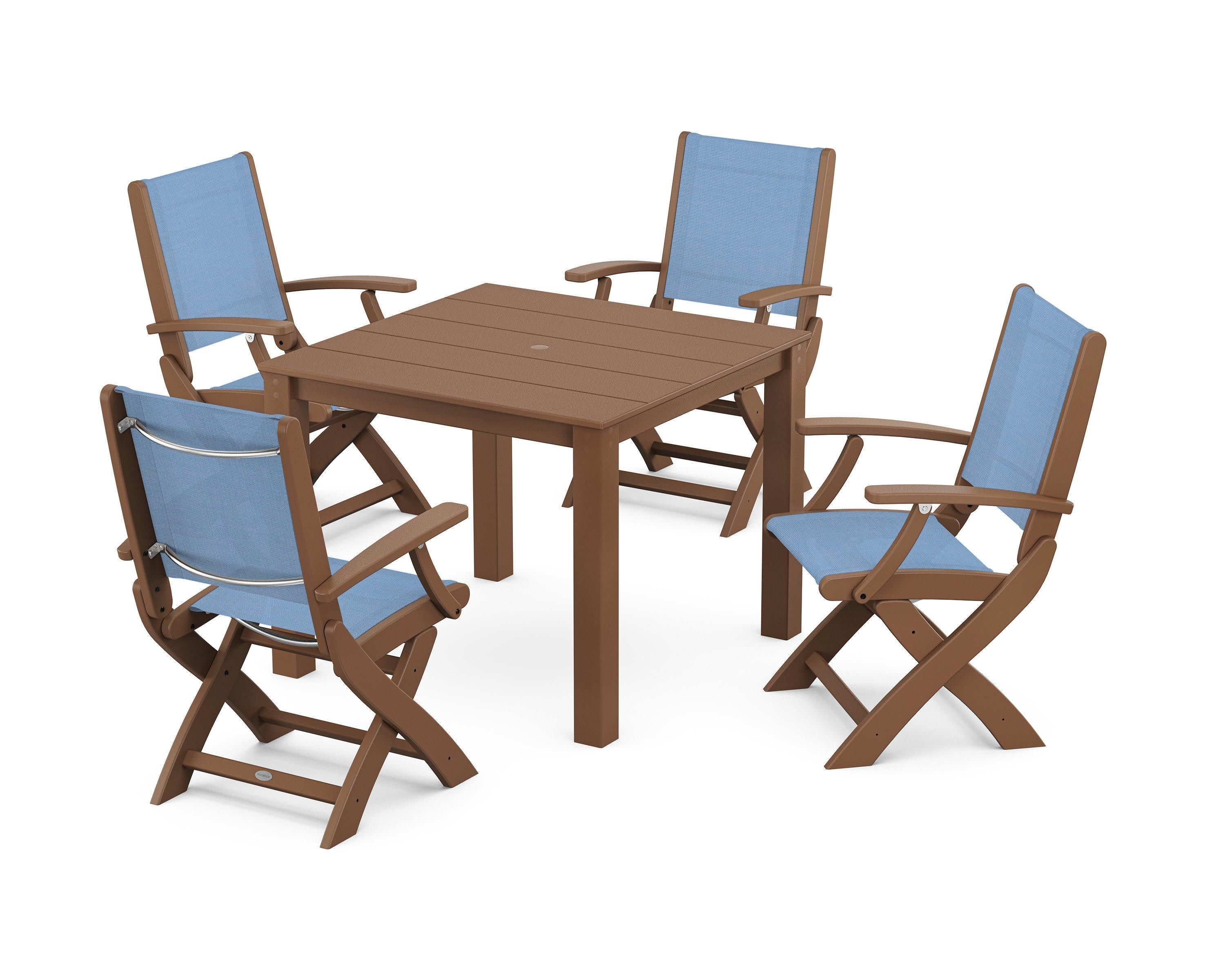 Coastal Folding Chair 5-Piece Parsons Dining Set in Teak / Poolside Sling