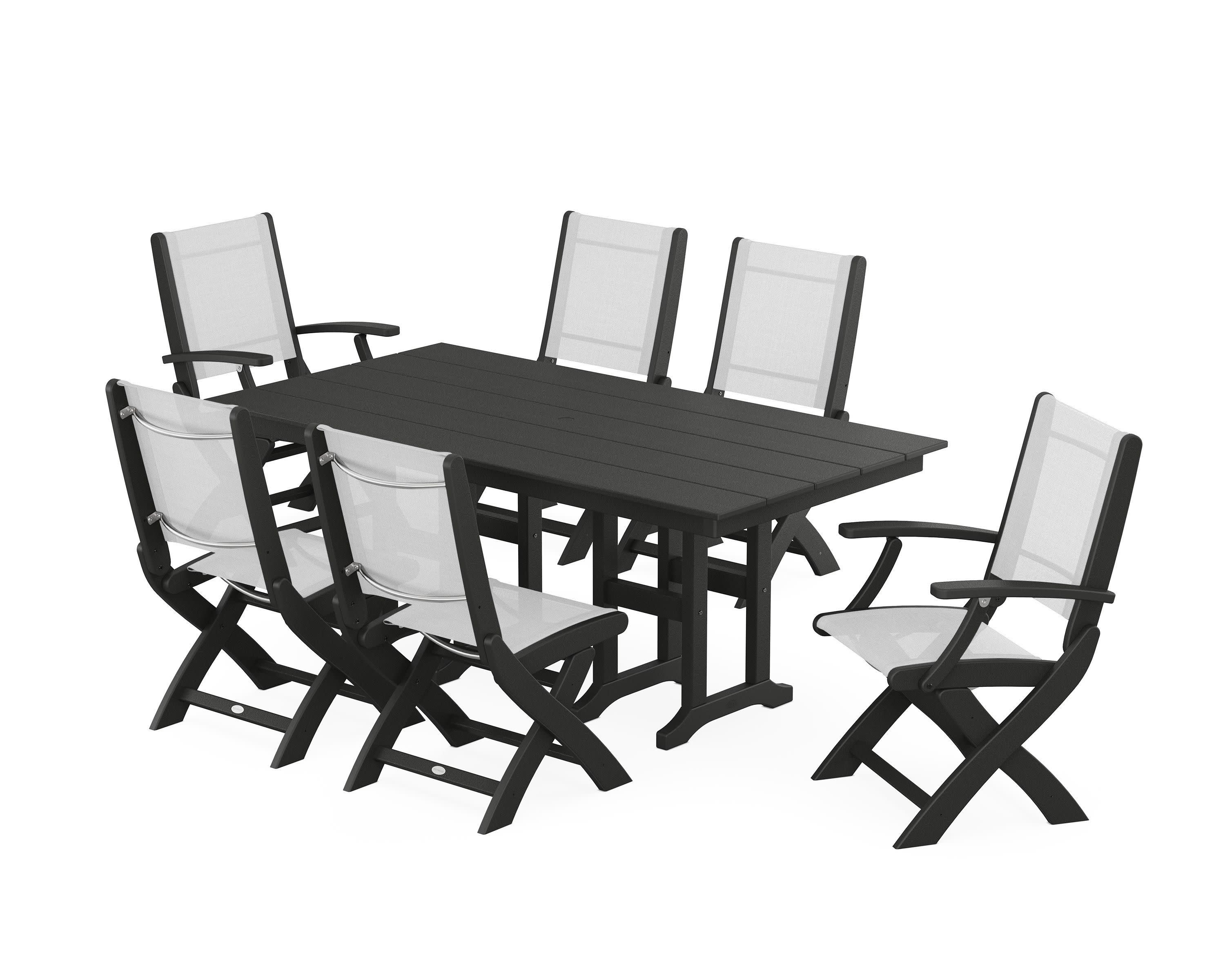 Coastal Folding Chair 7-Piece Farmhouse Dining Set in Black / White Sling