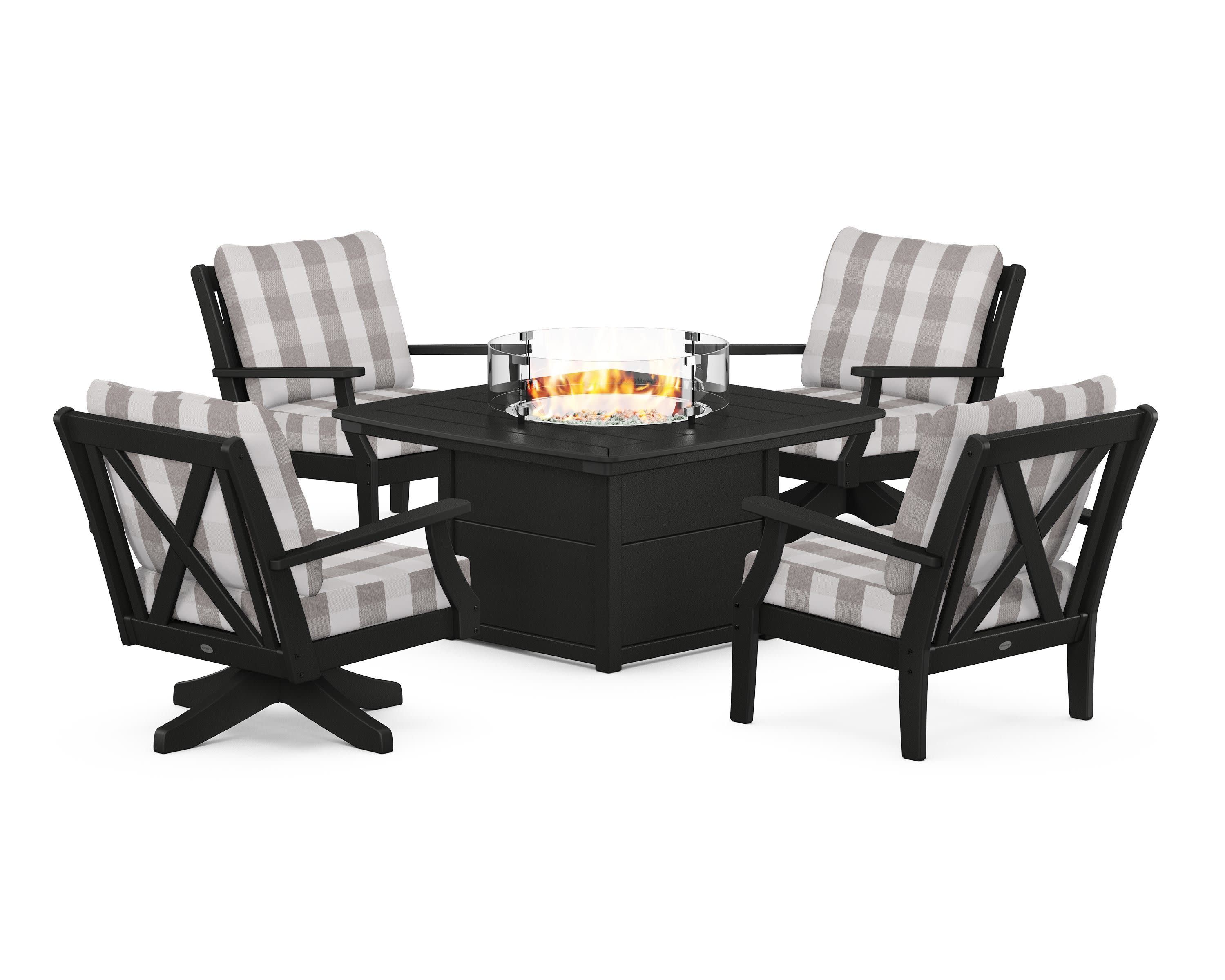 Braxton 5-Piece Deep Seating Set with Fire Table in Black / Buffalo Plaid Grey Mist
