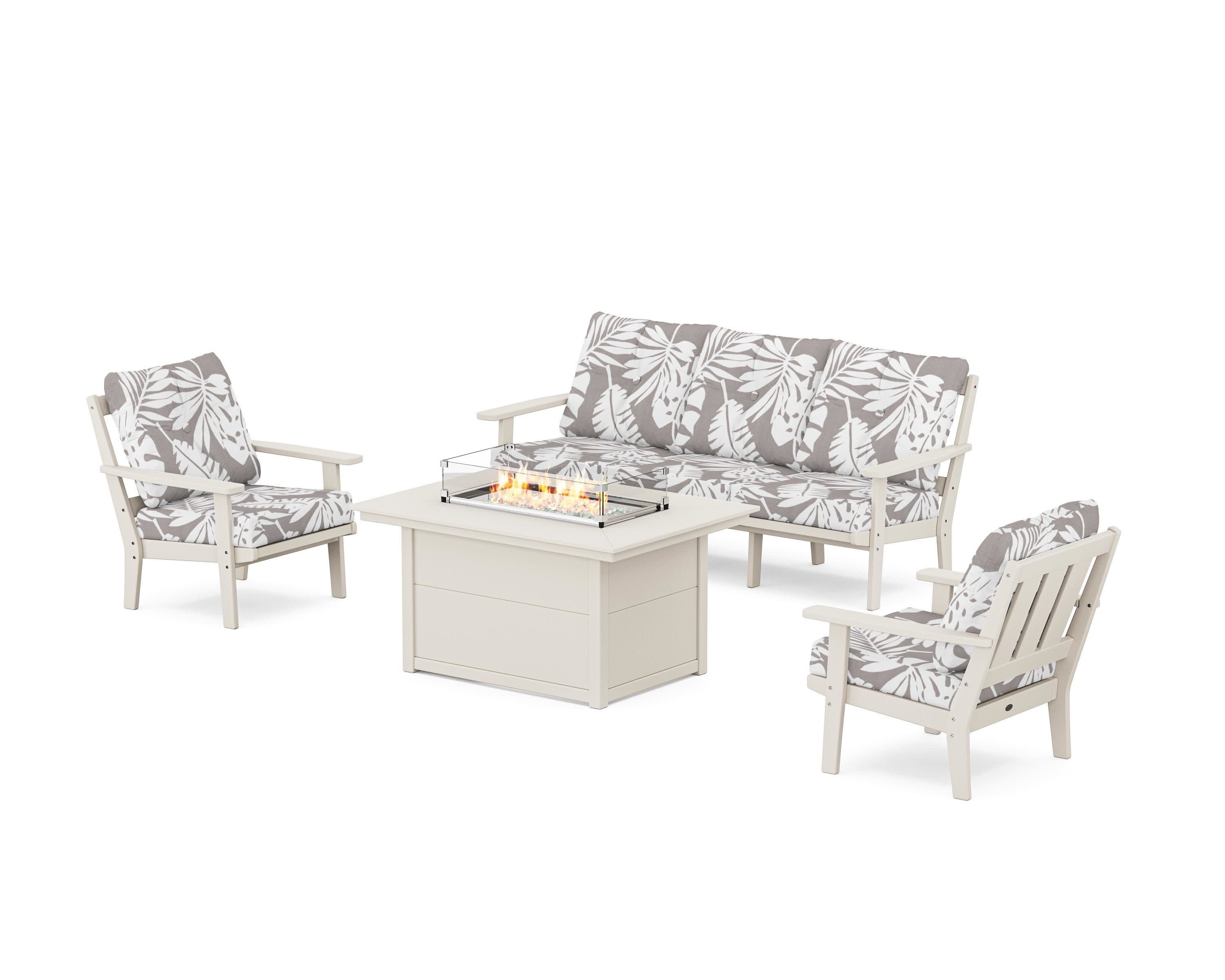 Oxford Deep Seating Fire Pit Table Set in Sand / Leaf Grey Mist