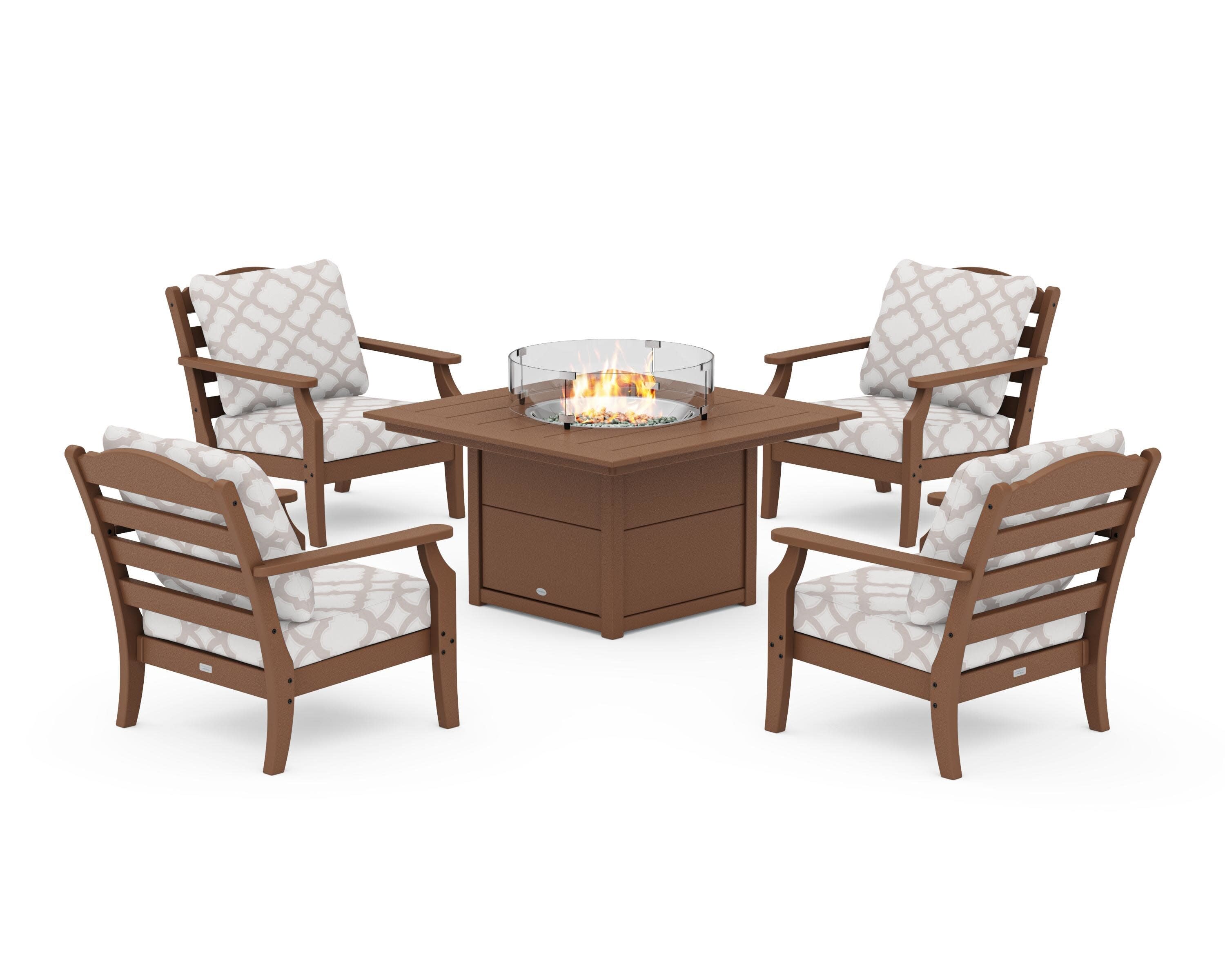 Savannah 5-Piece Deep Seating Set with Fire Pit Table in Teak / Trellis Dune Burlap