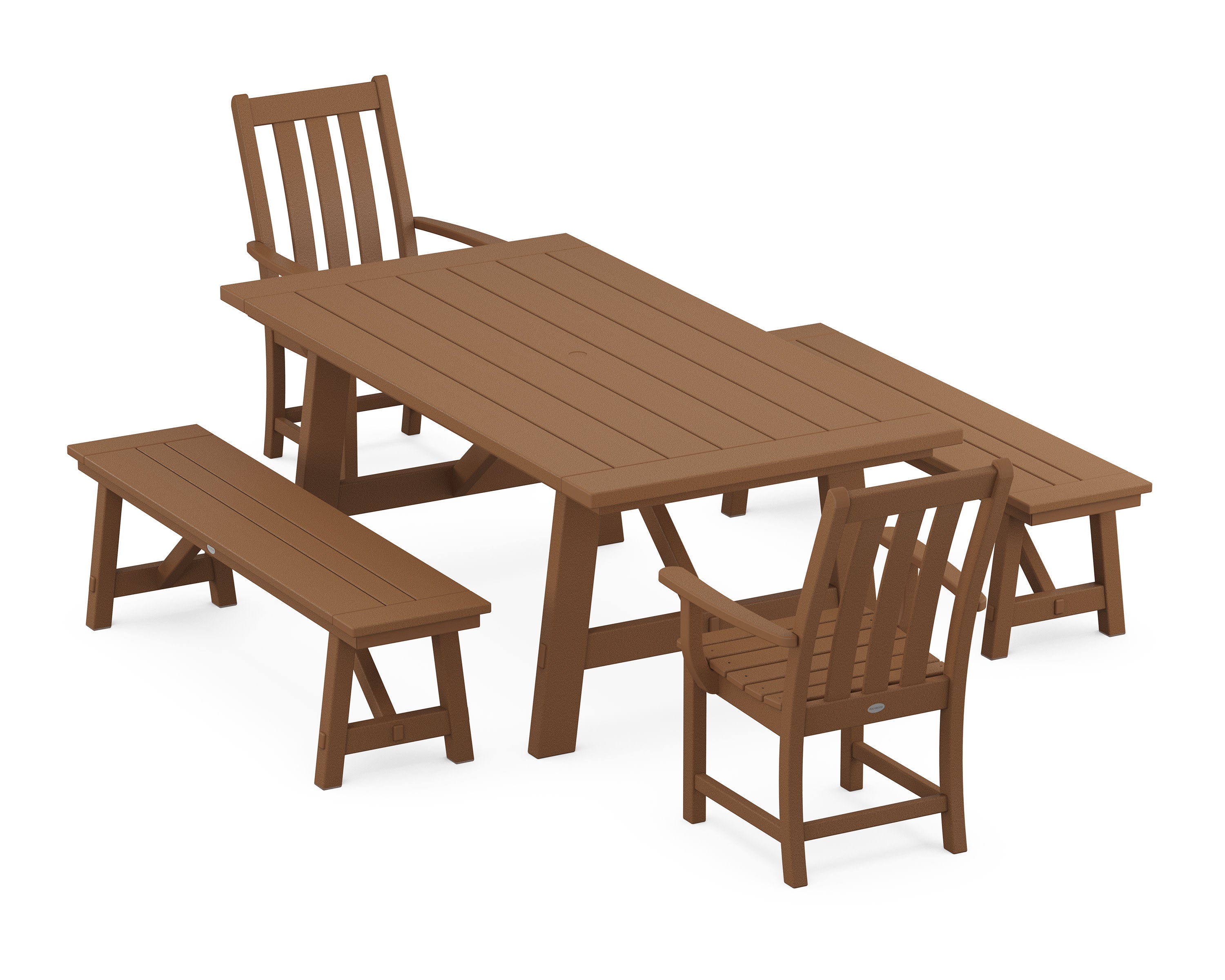 Vineyard 5-Piece Rustic Farmhouse Dining Set With Benches in Teak