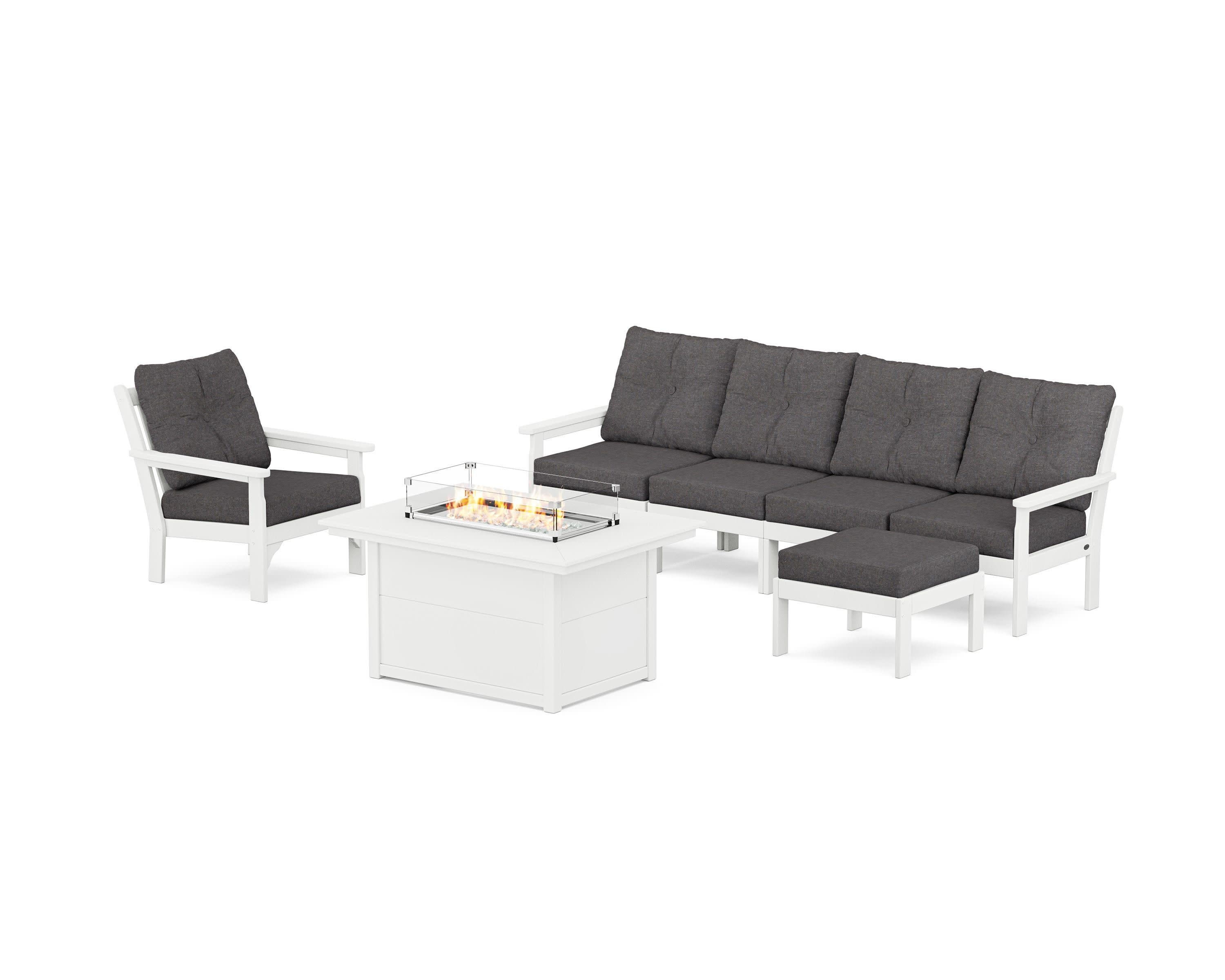 Vineyard Sectional Lounge and Fire Pit Set in White / Ash Charcoal