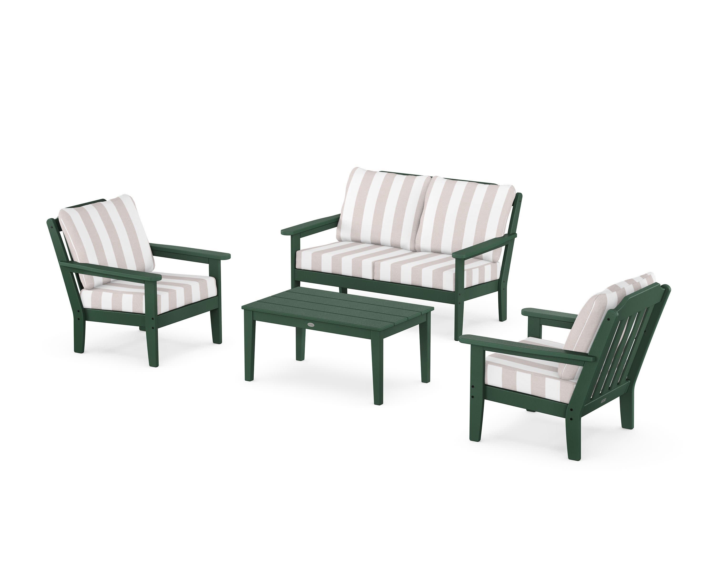 Cottage 4-Piece Deep Seating Set with Loveseat in Green / Cabana Stripe Dune Burlap