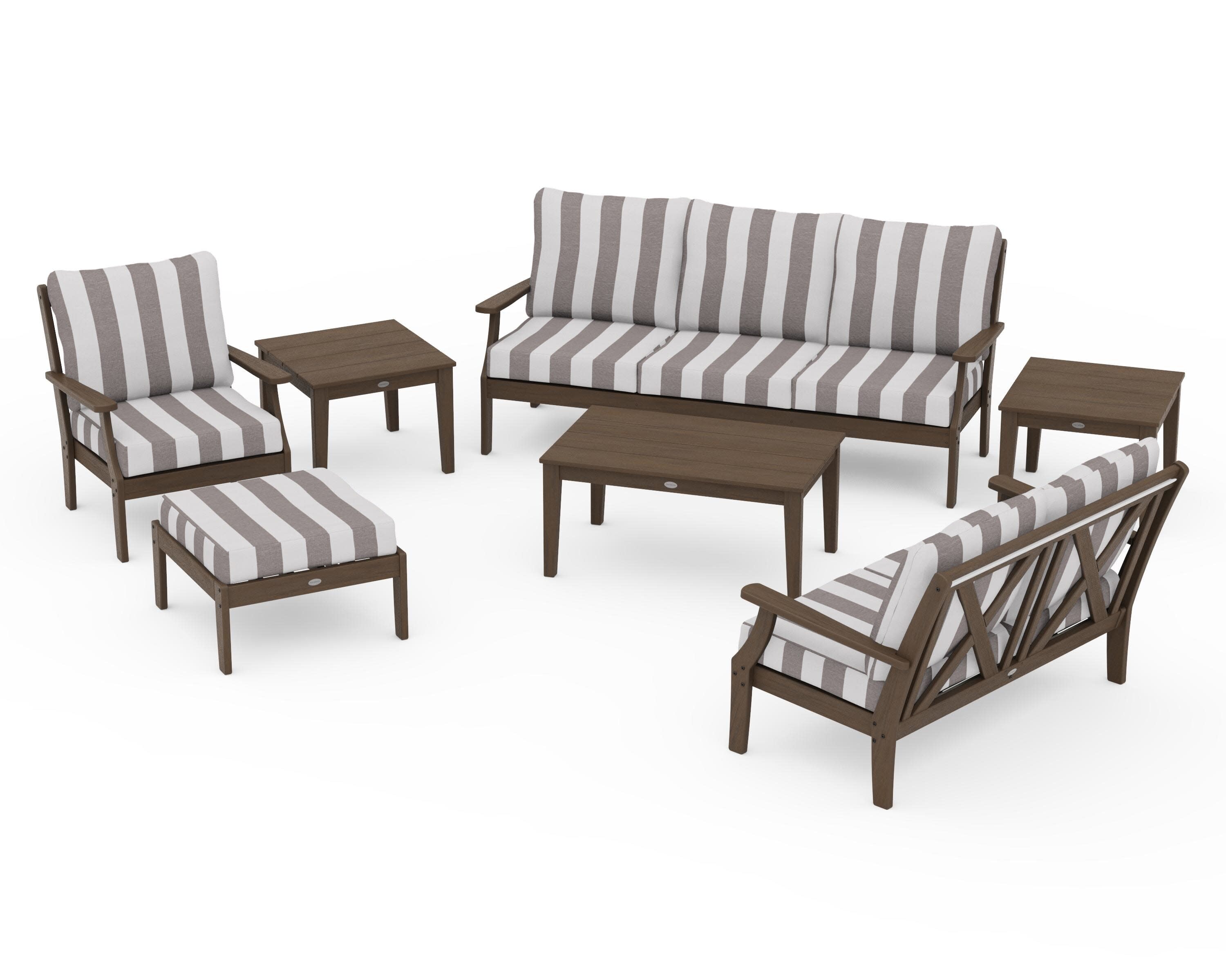 Braxton 7-Piece Deep Seating Set in Kona / Cabana Stripe Grey Mist