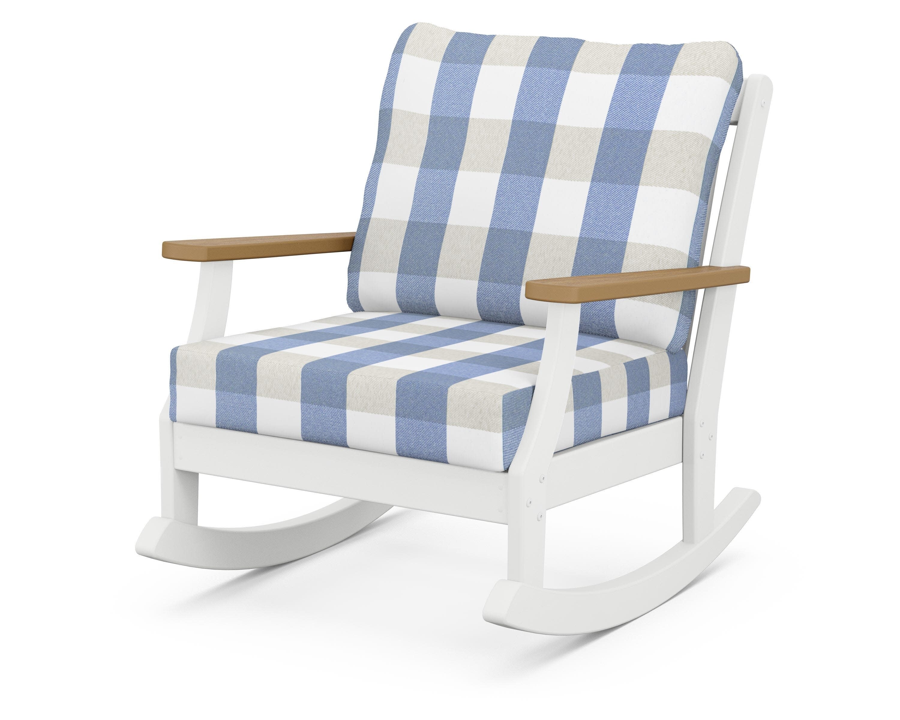 Braxton Deep Seating Rocking Chair in White / Natural / Buffalo Plaid Sky Blue