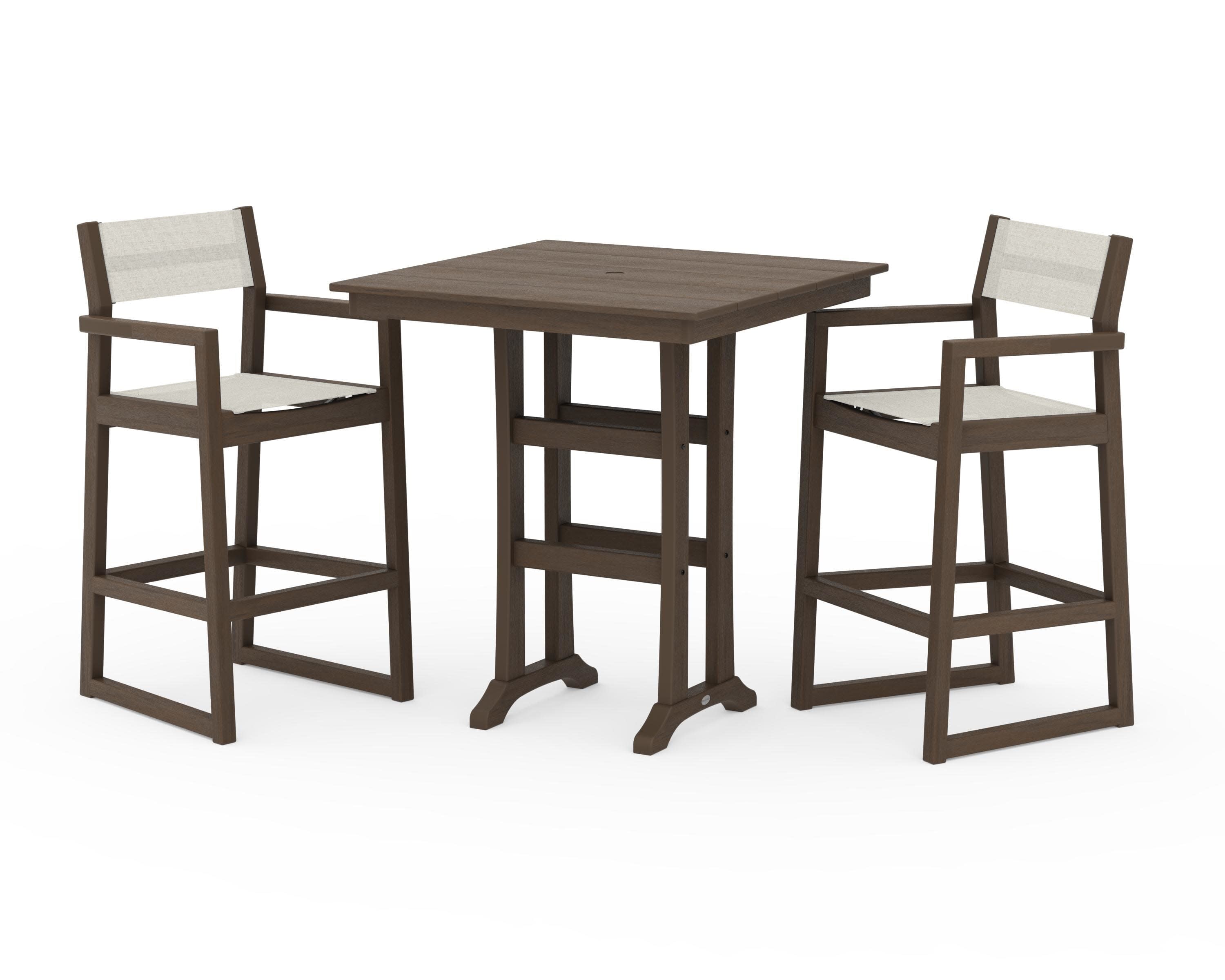 EDGE Sling Arm Chair 3-Piece Farmhouse Bar Set with Trestle Legs in Kona / Parchment Sling
