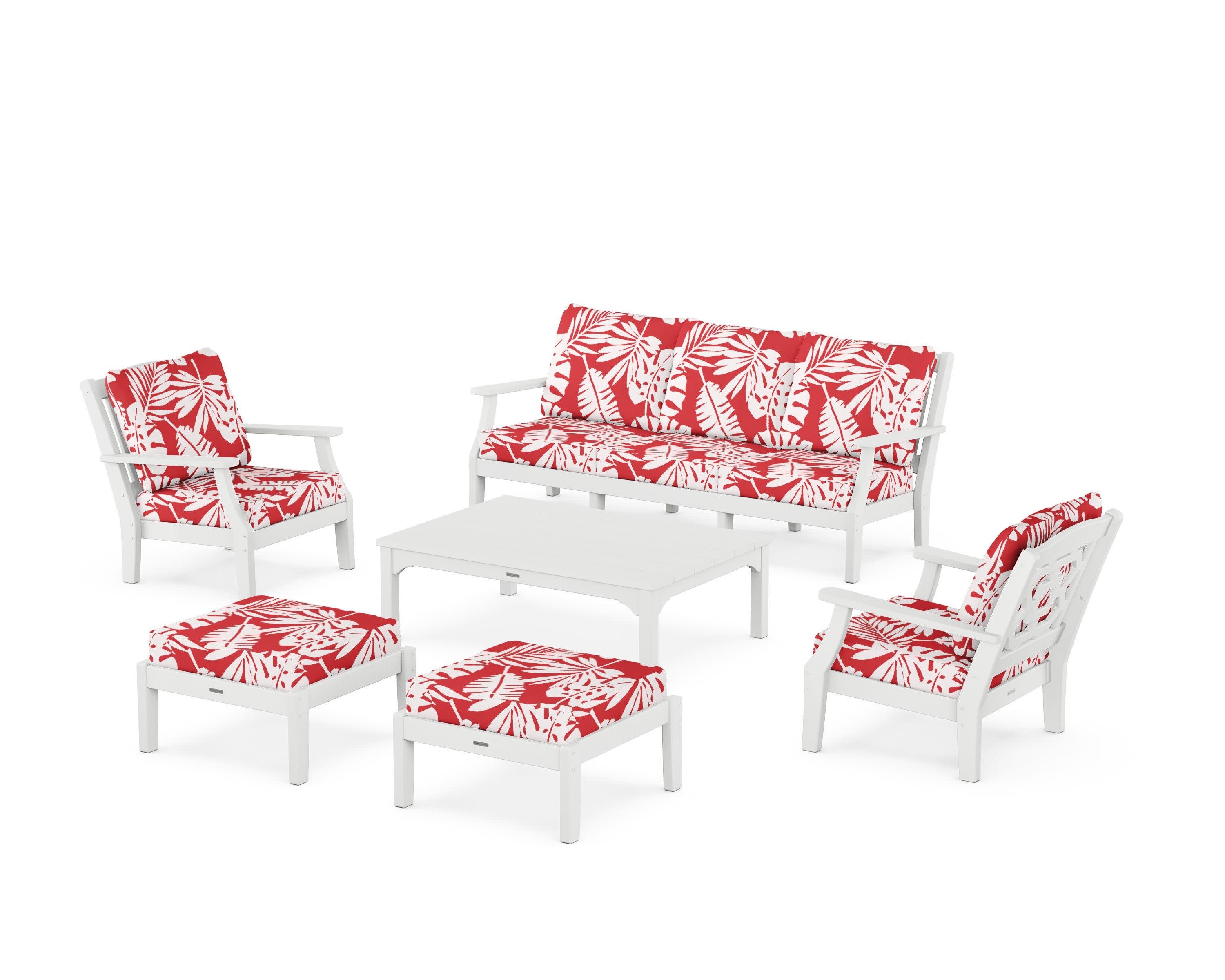 Chinoiserie 6-Piece Lounge Sofa Set in White / Leaf Crimson