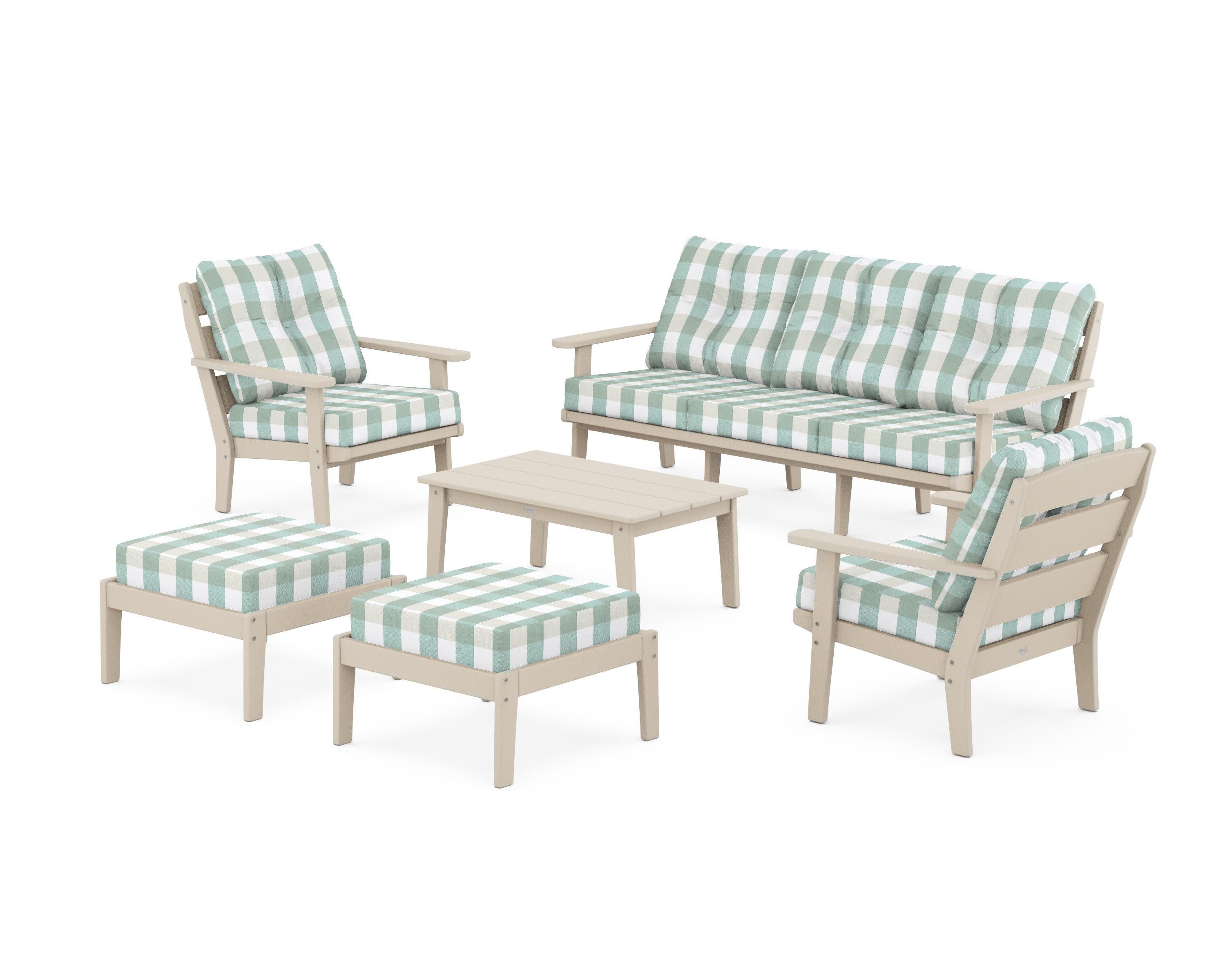 Lakeside 6-Piece Lounge Sofa Set in Sand / Buffalo Plaid Glacier Spa